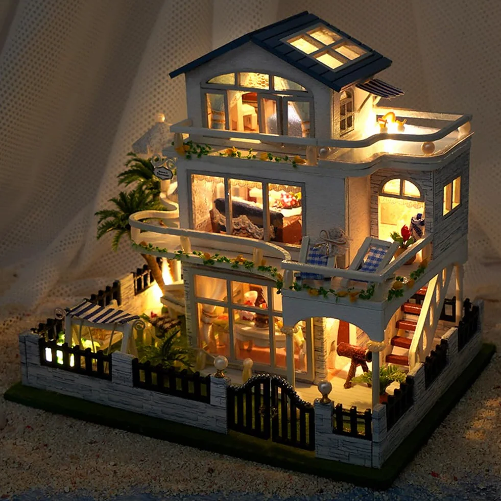 Casa de muñecas de Madera en Miniatura Estilo Europeo, Villa, Kit de casa de muñecas DIY, Edificio en 3D, Modelo de Creatividad, Regalos para Amigos y Padres