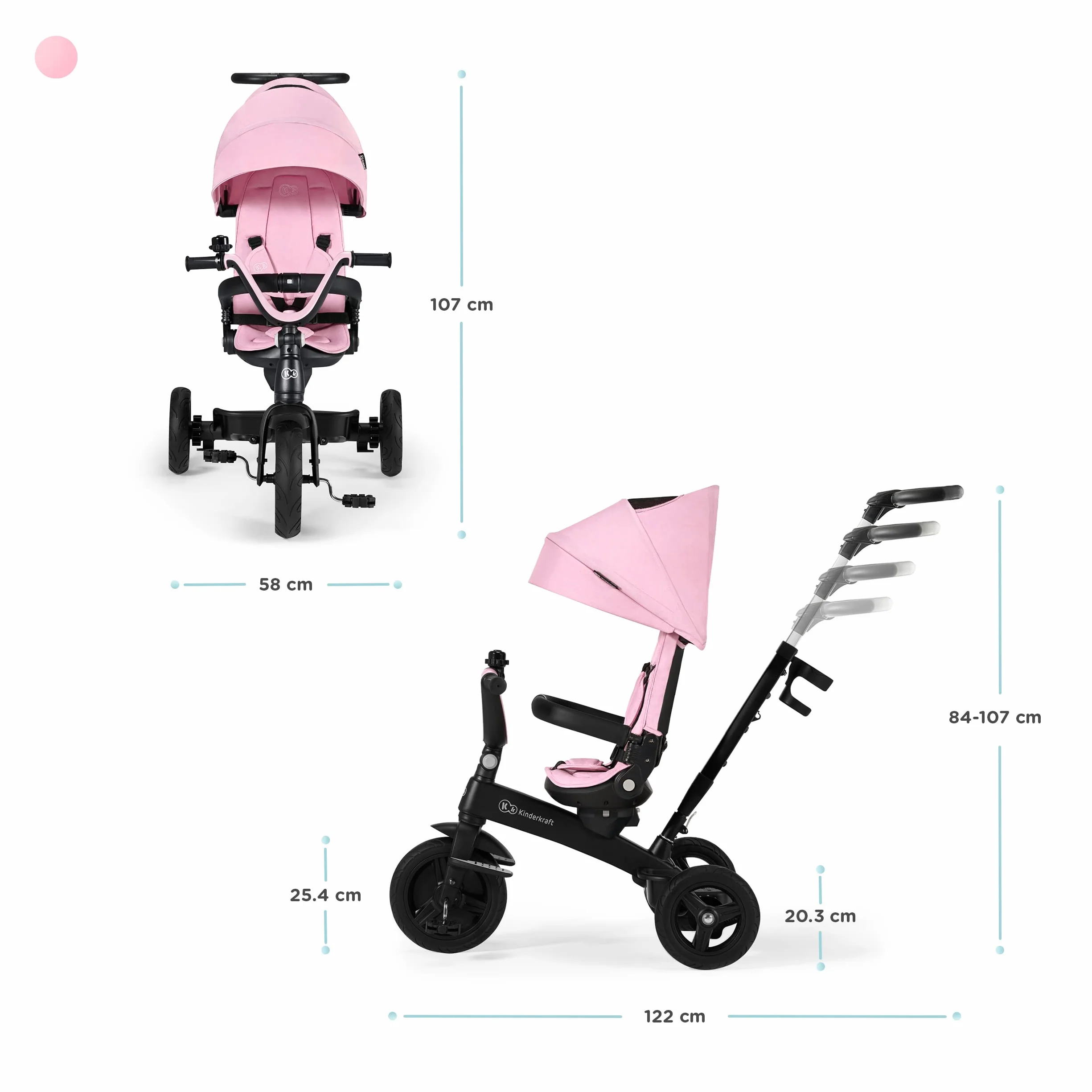 Kinderkraft Triciclo Evolutivo TWIPPER, Asiento Giratorio 360 Grados, 9 Meses a 5 Años, Rosa