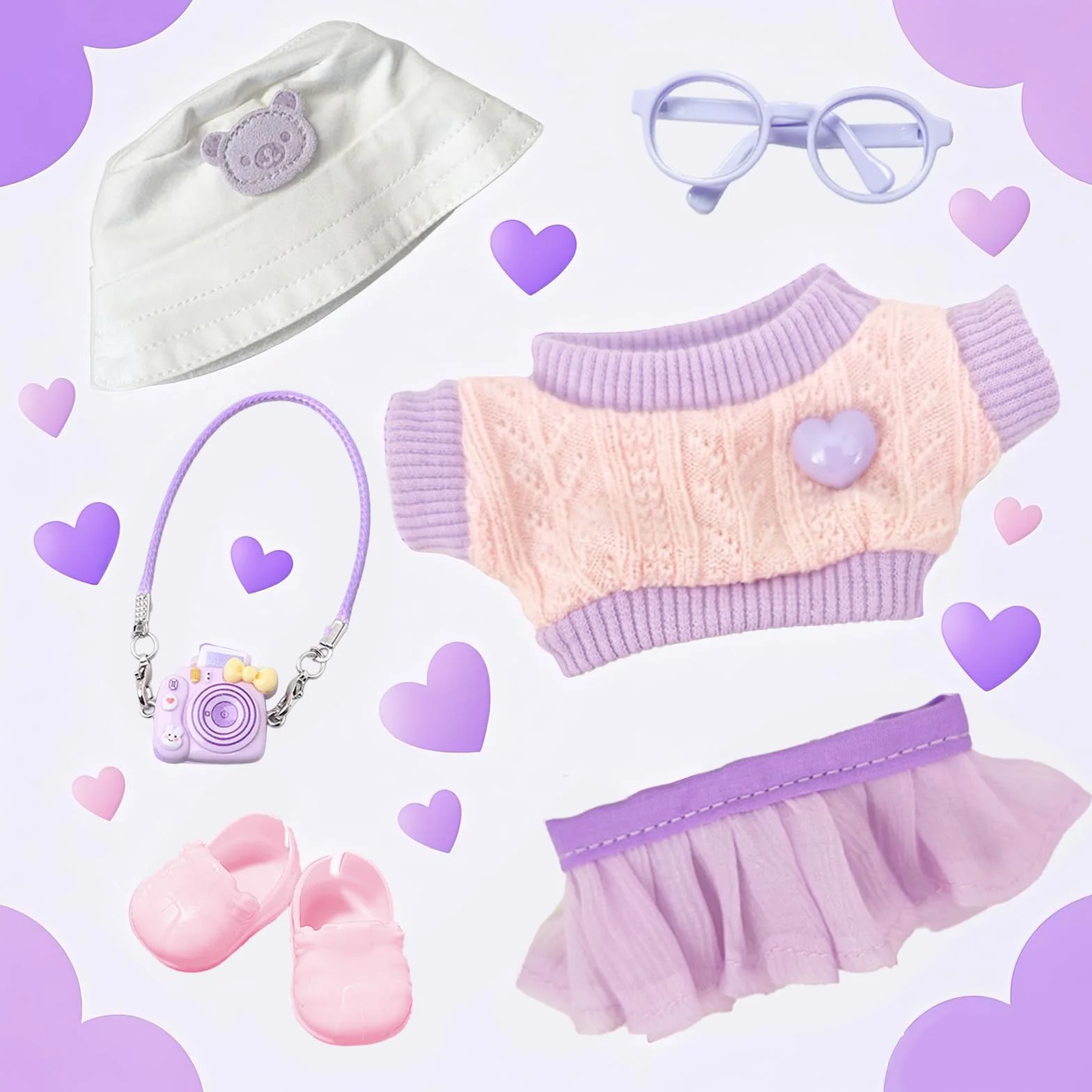 6 Piezas de Ropa para muñecas de 17 cm, Camiseta con tutú de corazón, Sombrero, Gafas, Colgante de cámara, 1 par de Zapatos para la Mini muñeca de Peluche de 17 cm, no incluida en el envío, Lila