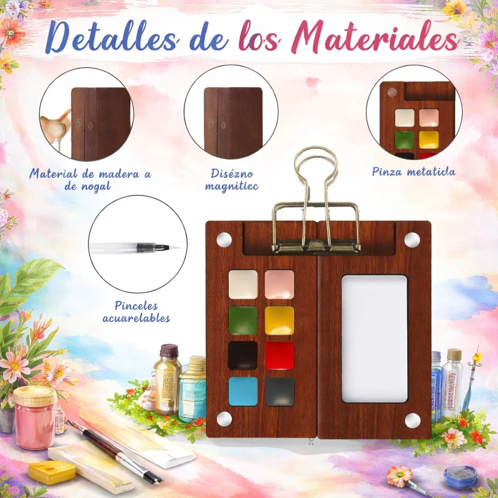 Mini Set de Acuarelas con Cuaderno y Pintura, Paquete Completo Acuarela 12 Colores Paleta Madera mini juego viaje papel acuarela, bolígrafos, clip, 8 cuadrículas para pintores, (Azul)