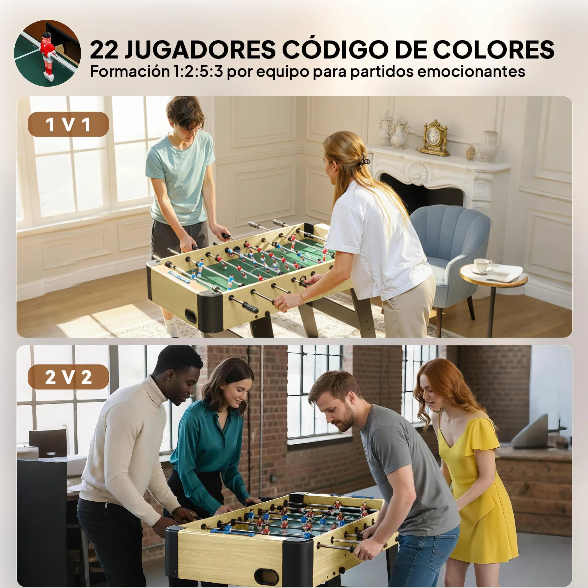 SPORTNOW Futbolín para Niños Plegable, Mesa de Futbolín de Madera con 2 Marcadores, 8 Asas, 22 Jugadores, 8 Barras y 2 Bolas, para 2 a 4 Personas, Adultos, Familias, Fiestas, 118x107,5x78 cm, Natural