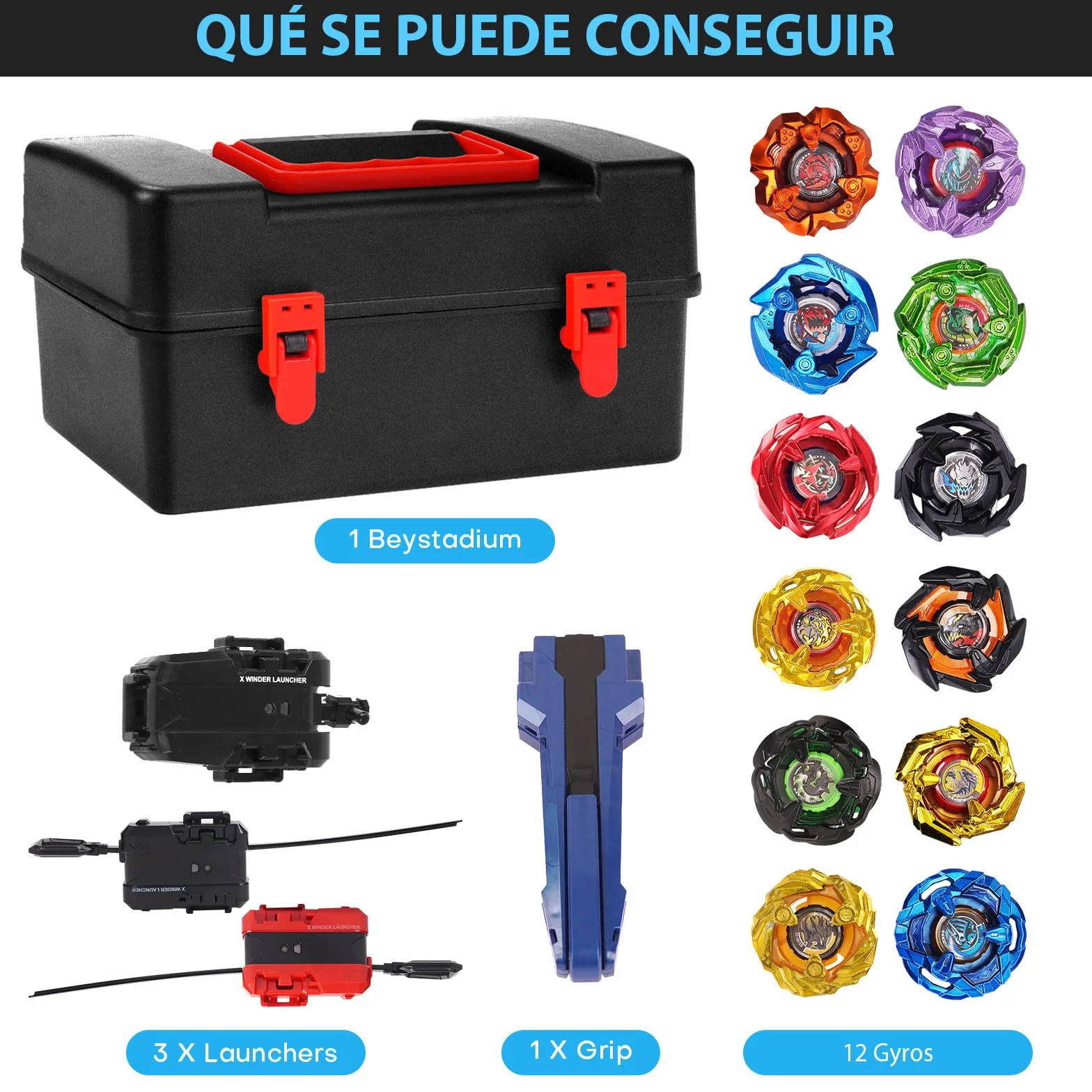 DEZAWRTY Set de Batalla X – 12 Peonzas Giratorias, 3 Lanzadores y 1 Empuñadura con Caja de Almacenaje, Juguete Cumpleaños para Niños 6+ Años (X1)