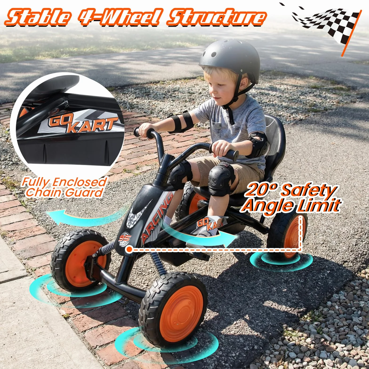FANTASK Niños Gokart con Pedal, Asiento Ajustable, Marcha adelante y atrás, soporta hasta 30 kg, Coche de Pedal Exterior para niños y niñas a Partir de 3 años (Negro)