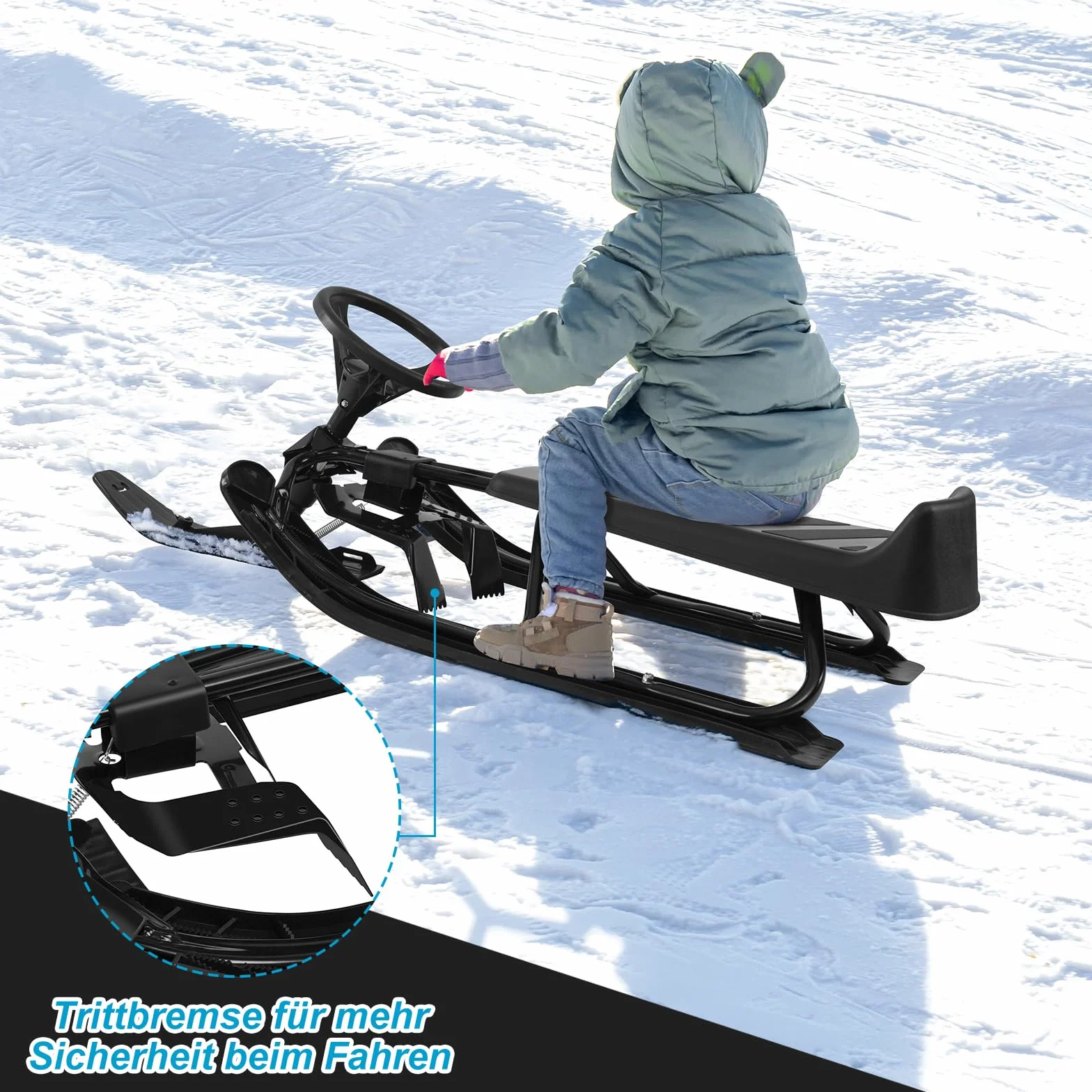 Laneetal Trineo de Dirección con Volante, Esquí Infantil con Asiento y Cuerda de Remolque, Estructura de Metal, Trineos para Niños y Jóvenes, Trineo de Patín con Resorte de Suspensión, Freno de Pie