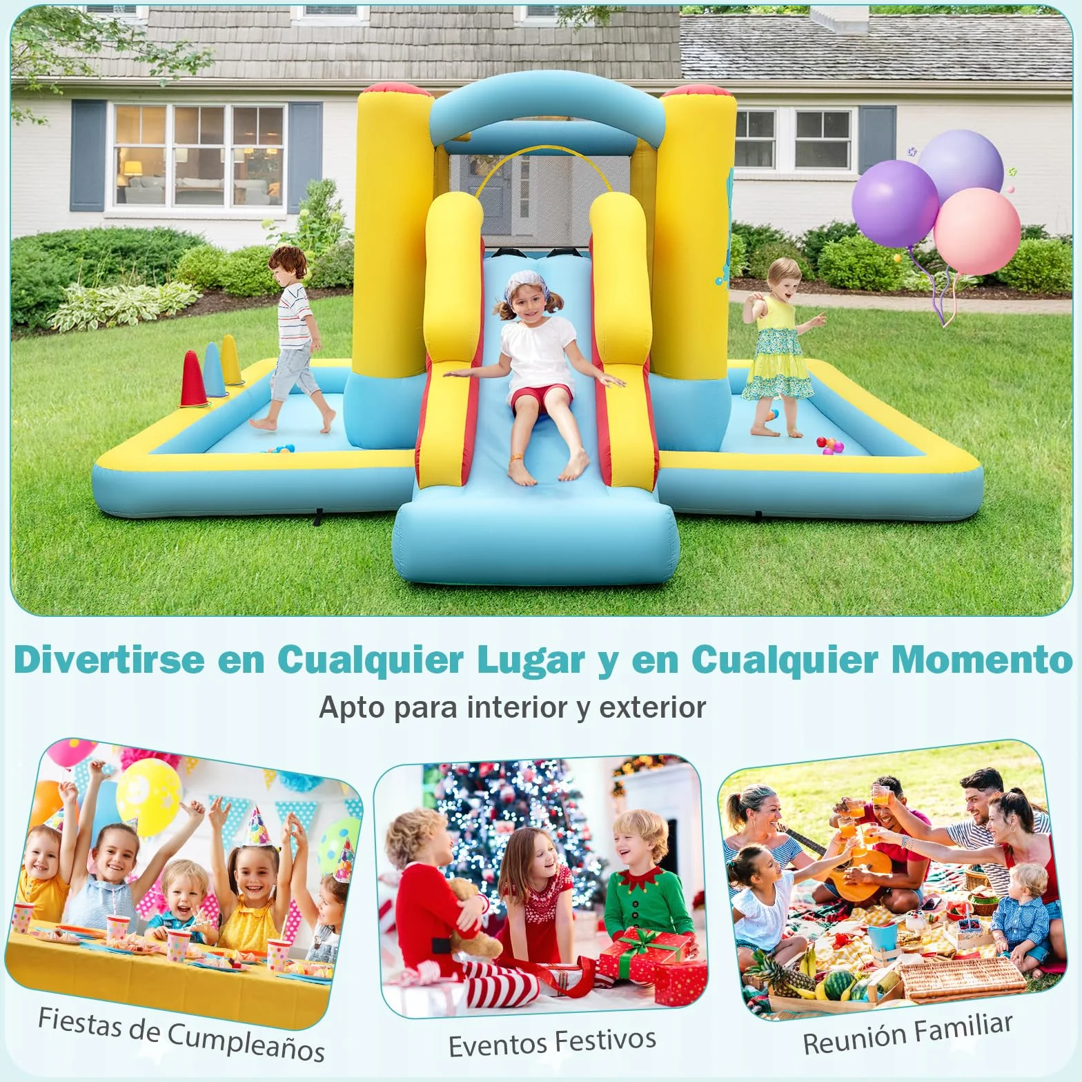 COSTWAY Castillo Hinchable 7 en 1, Grande, 394 x 389 x 194 cm, Niños 3 a 10 Años, Interior Exterior