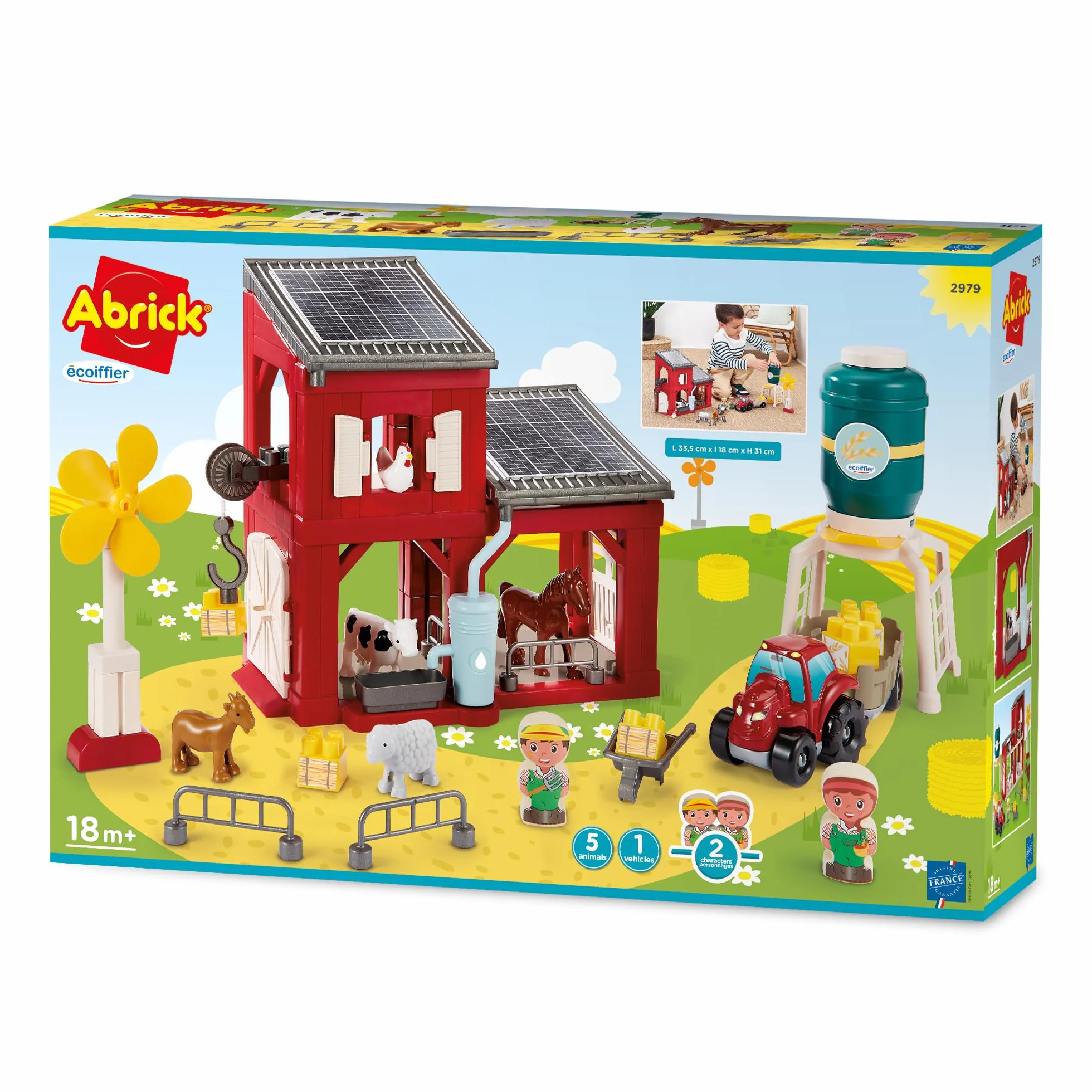 Ecoiffier Abrick Granja ecológica, Juego de construcción con Animales, Tractor, silo y Accesorios, con Paneles solares y aerogenerador, Juguete Educativo Desde 18 Meses (7900002979)