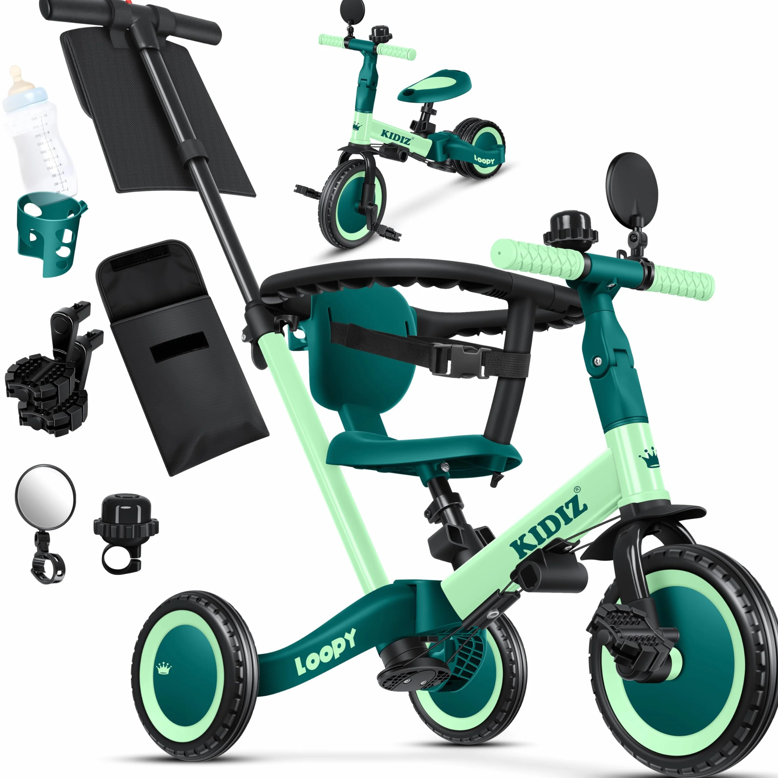 KIDIZ® 6en1 Bicicleta de Balance, Triciclo para niños de 1 año a 5 Años, Capacidad de Carga hasta 25kg, Incl. Manillar/Barra de Seguridad/Cinturón de Seguridad/Timbre/Espejo
