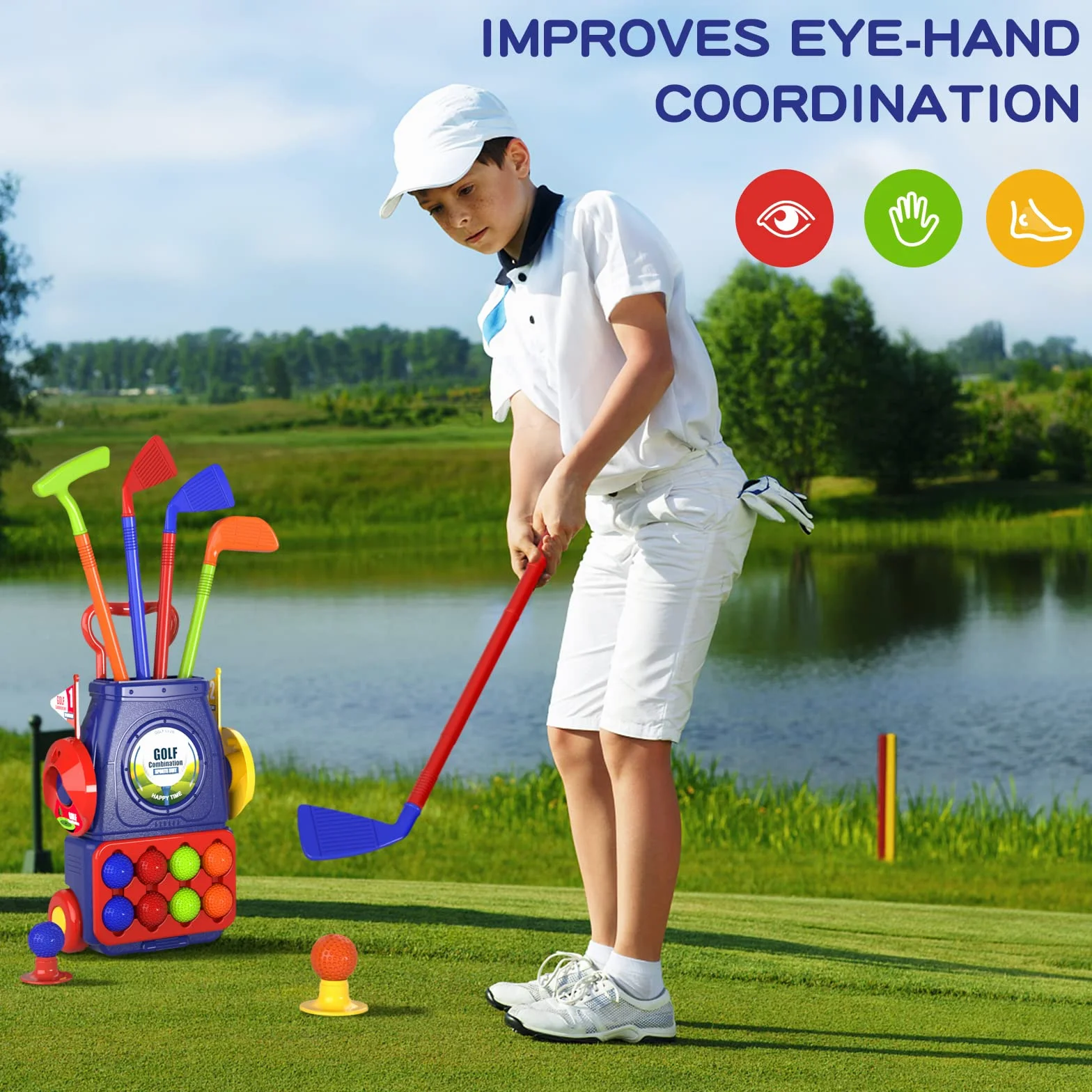 QDRAGON Juego de Golf para Niños, Mini Golf con 4 Palos de Golf, 8 Pelota de Golf, Carro de Golf, Juguetes de Golf Regalo para Infantil Niños, Niñas 3, 4, 5 6 Años