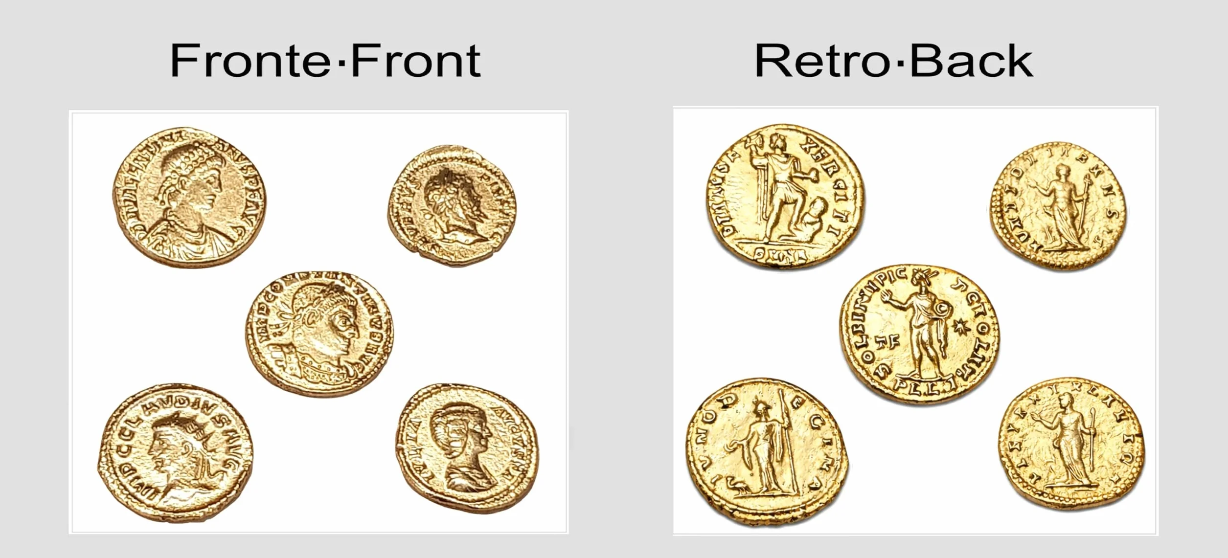 Monedas romanas imperiales antiguas chapadas en oro – Colección Set réplica emperadores romanos 5 piezas – Artesanía italiana, hecha a mano – Made in Italy