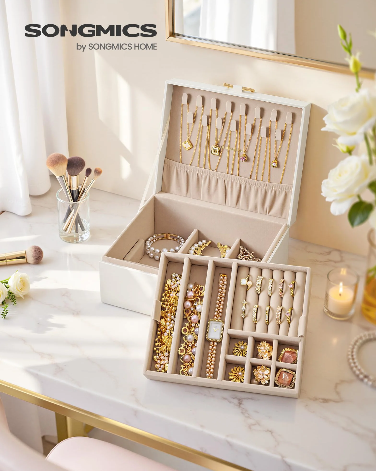 SONGMICS Caja Joyero, Organizador de Joyas de 2 Niveles con Bandeja Extraíble y Asa, para Collares, Pendientes y Anillos, 17 x 20,5 x 9,5 cm, Ideal para Regalo, Blanco Crema JBC208WD01