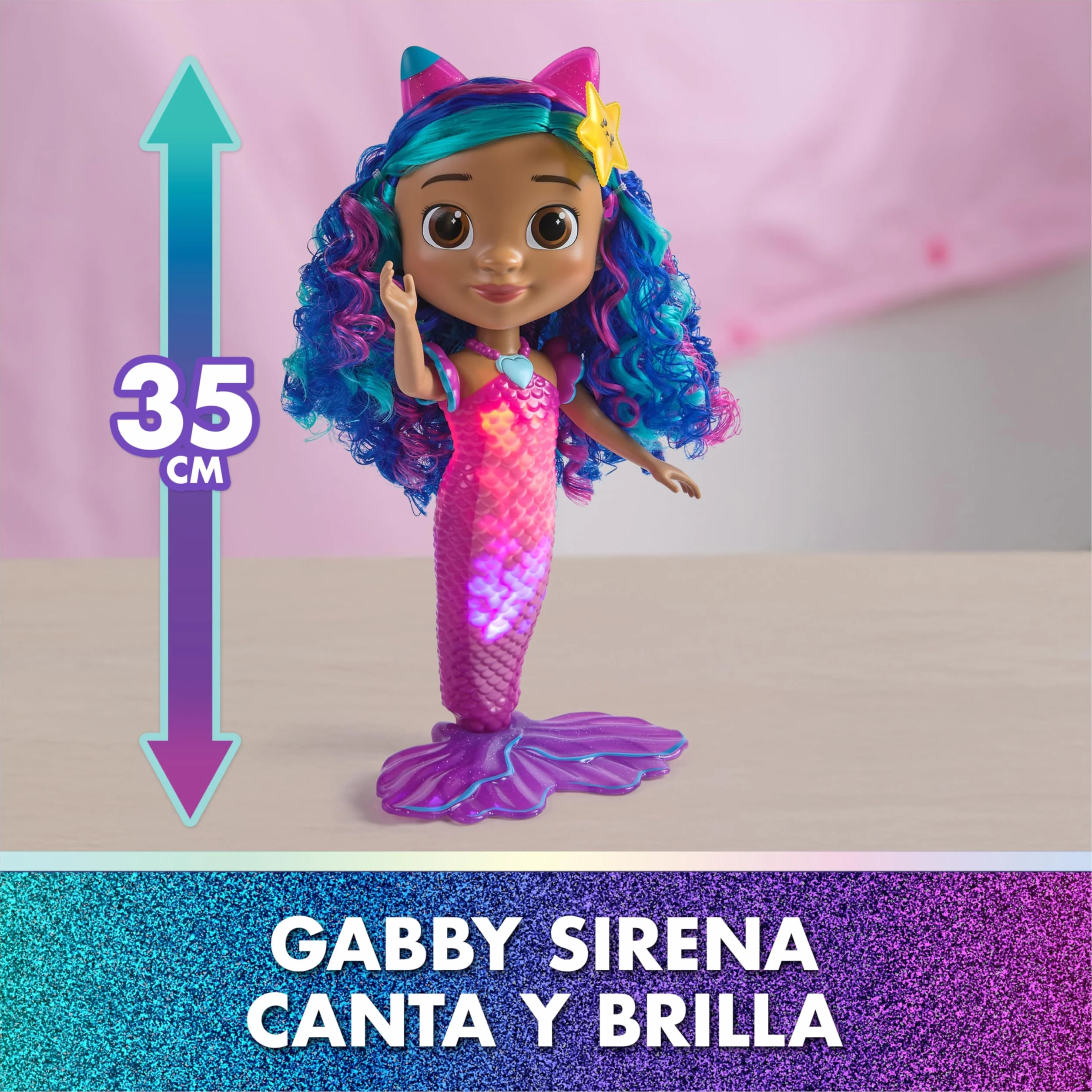 La Casa de Muñecas de Gabby - Muñeca Interactiva Gabby Sirena Canta y Brilla de la Película, con Luces y 14 Sonidos, Resistente al Agua y con Cola Que Cambia de Color - Regalo Niña 3 años +
