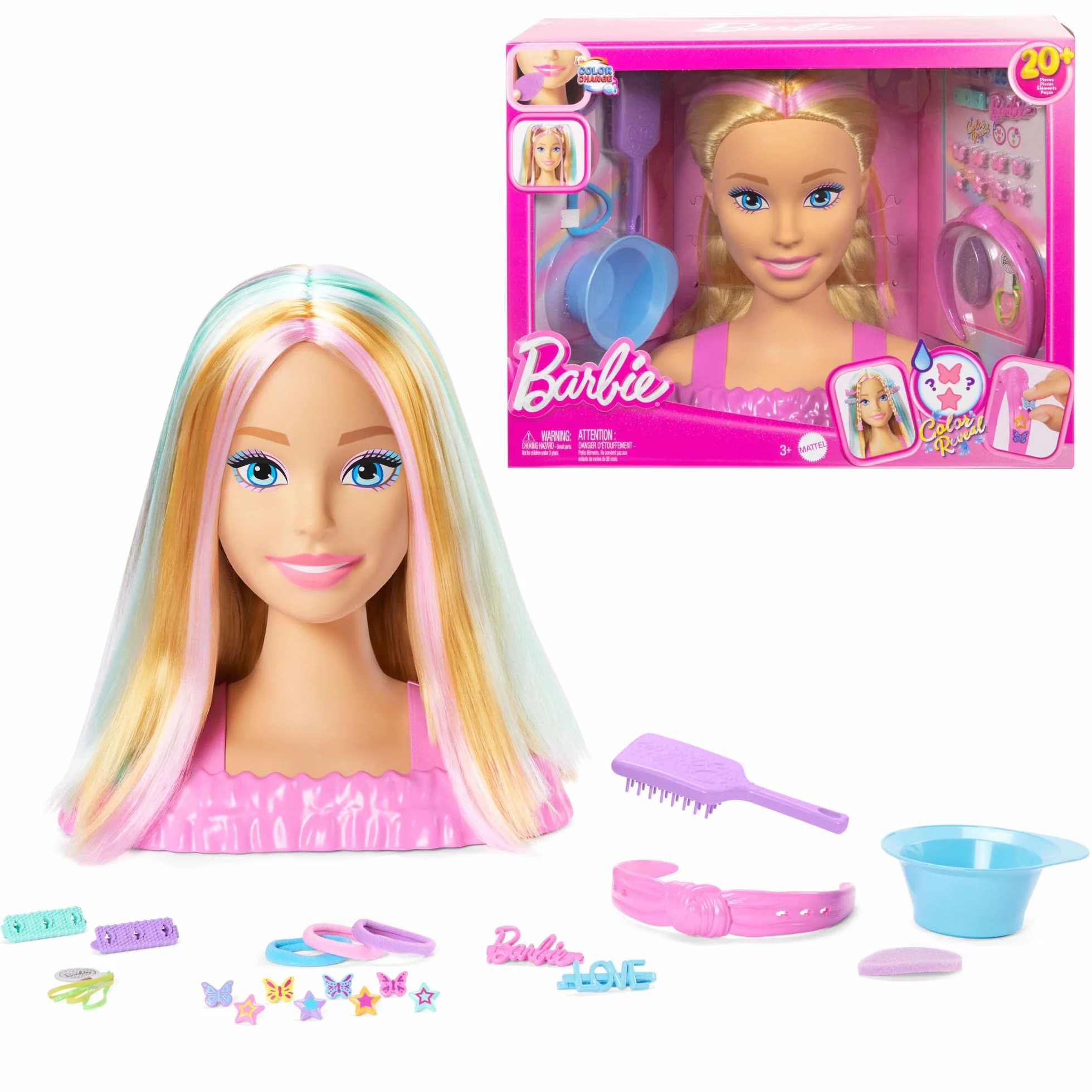 Barbie Busto para peinar, pelo rubio con más de 20 accesorios para hacer peinados, incluye pinzas para el pelo con forma de estrella y mariposa que cambian de color, JFG81