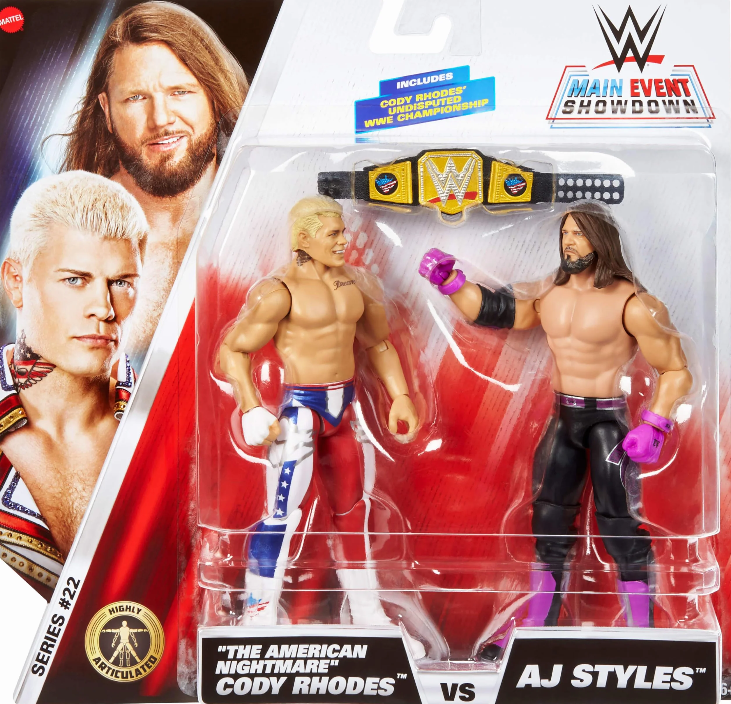 Mattel WWE Main Event Showdown - Figuras de acción con accesorio, serie #22 Cody Rhodes vs AJ Styles, juego coleccionable, 6 pulgadas
