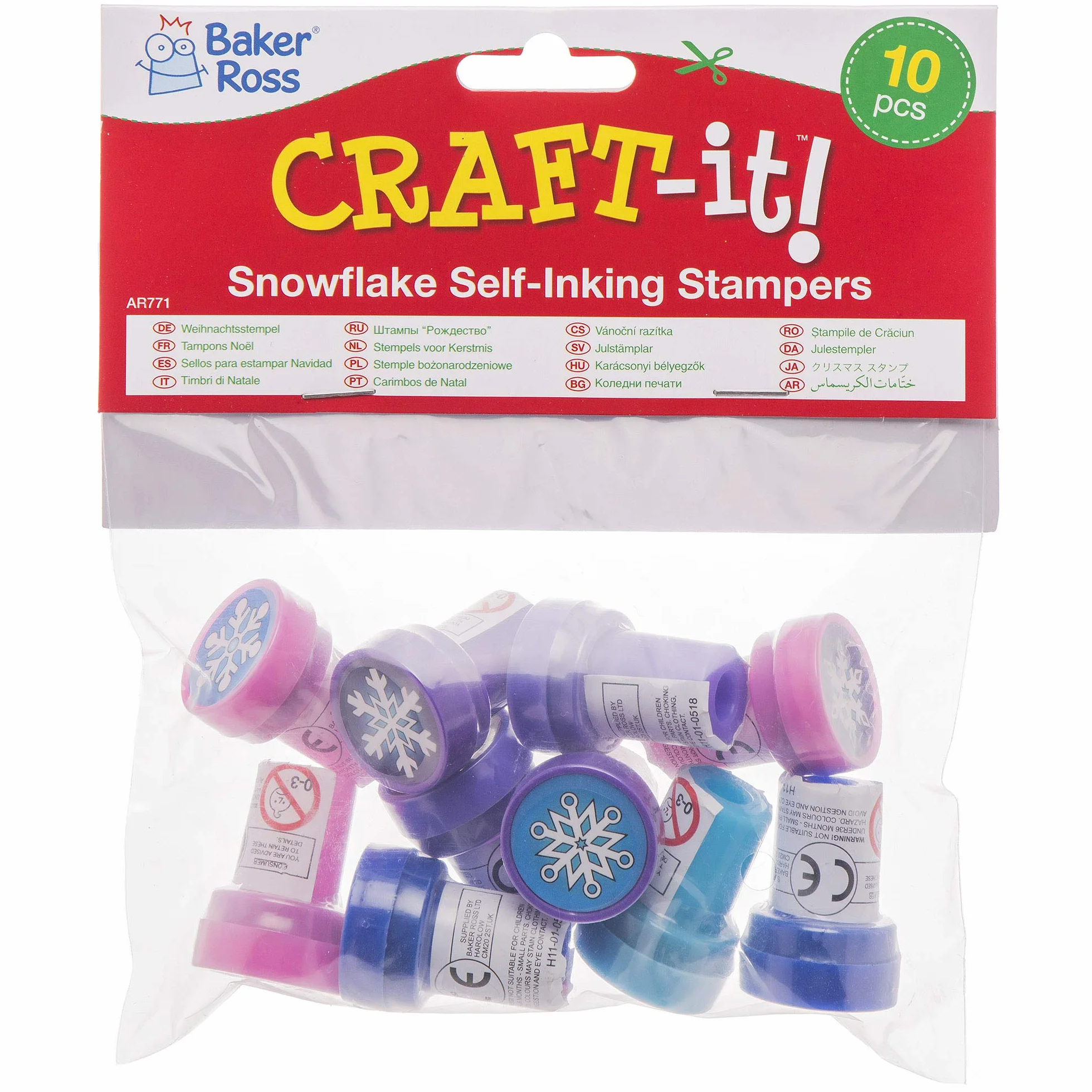 Baker Ross AR771 Sellos con entintado automático en Forma de Copo de Nieve (Pack de 10) para Manualidades navideñas Infantiles