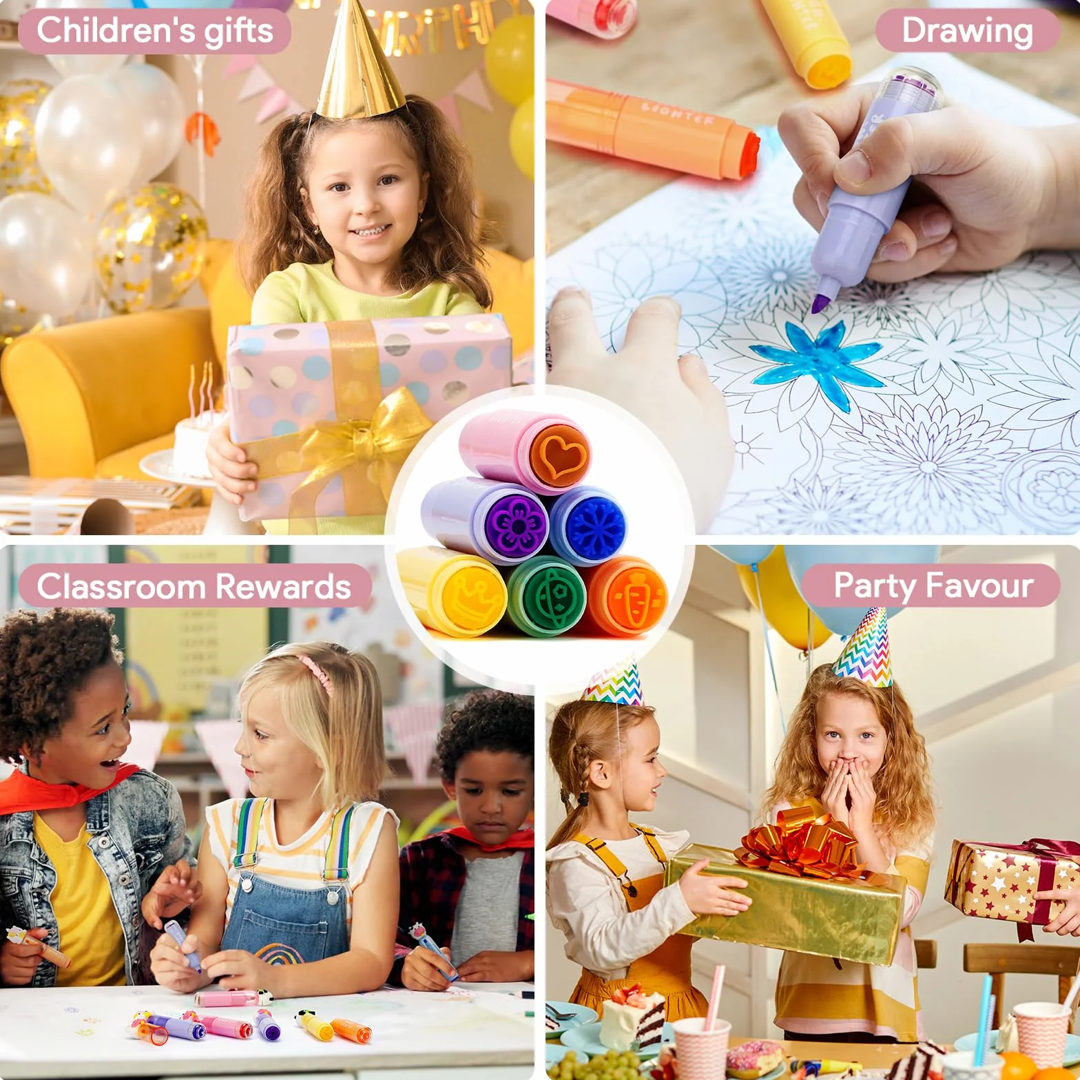 24 Piezas Regalos Cumpleaños Niños Colegio, Sellos Infantiles y Mini Subrayadores Originales para Piñata Cumpleaños Infantil & Detalles Cumpleaños Niños