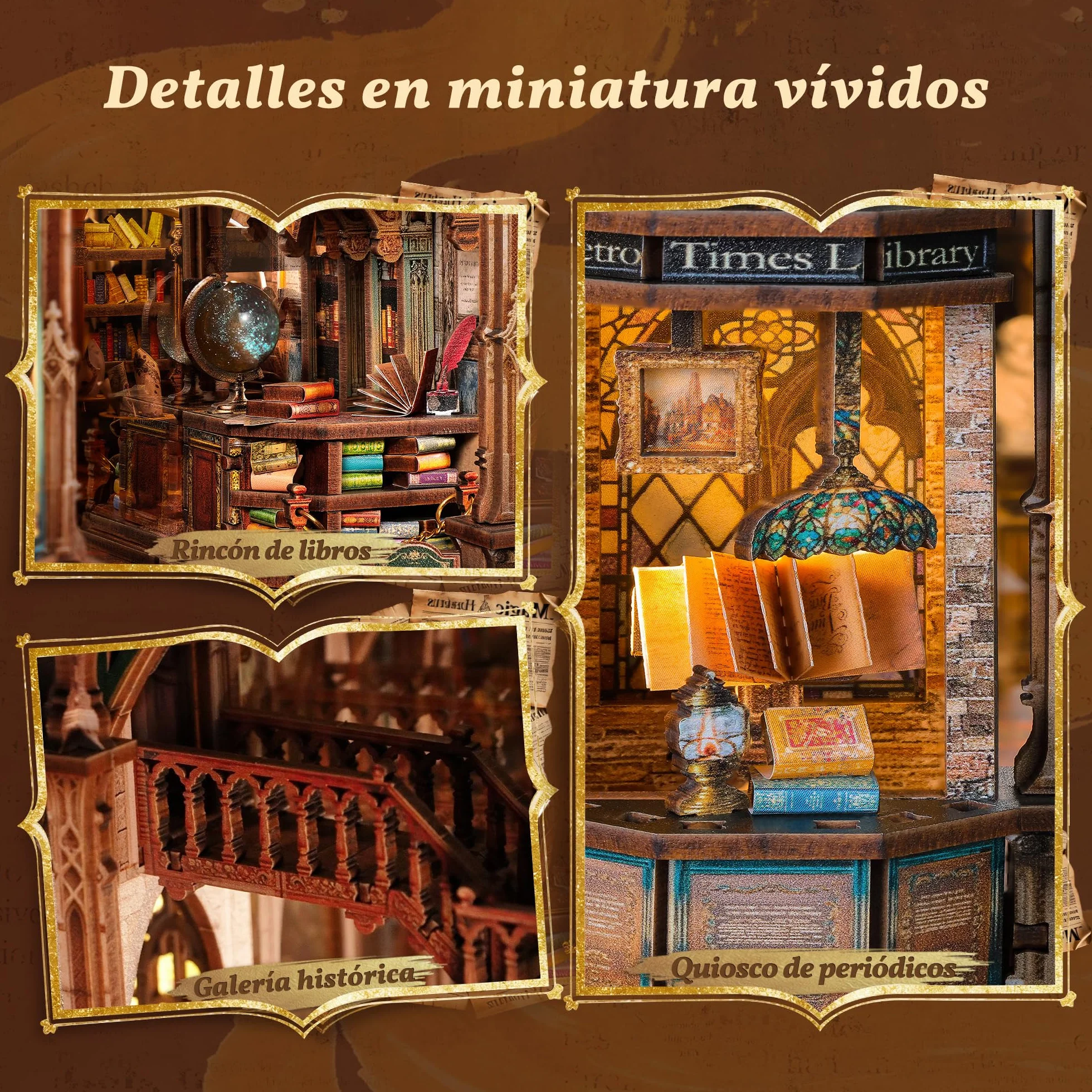 FUNPOLA Magic Library Book Nook Kit – Puzzle 3D de Madera con Espejo Infinito LED – Decoración DIY para estantería