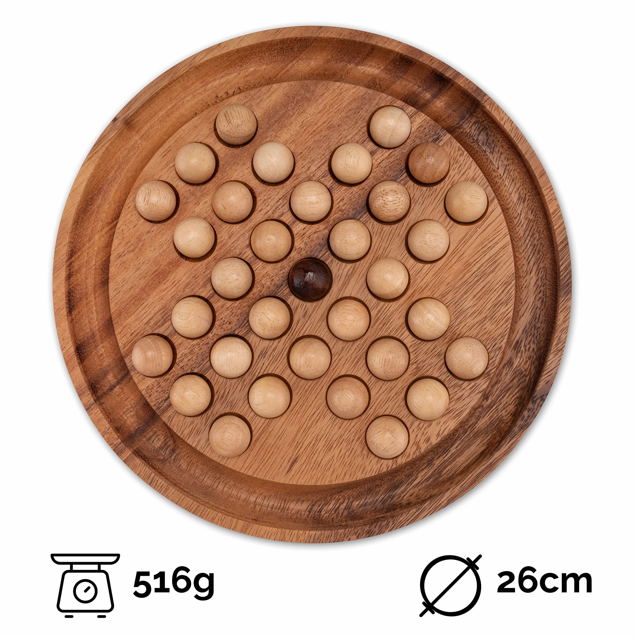 LOGOPLAY Solitario tamaño XL Redondo con Bolas - 26 cm de diámetro - Solitario - Rompecabezas - Juego de Paciencia - Juego de lógica de Madera de Samena Marrón