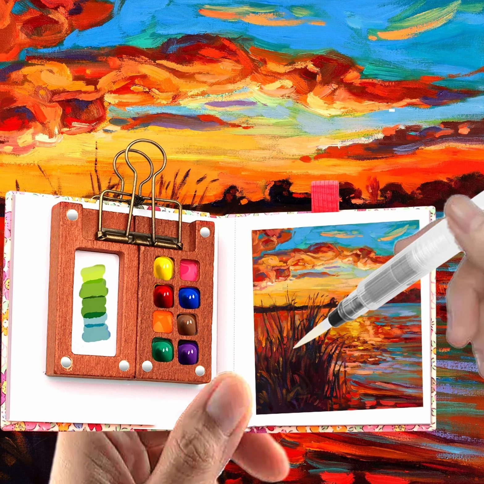 Mini Set de Acuarelas con Cuaderno y Pintura, Paquete Completo Acuarela 12 Colores Paleta Madera mini juego viaje papel acuarela, bolígrafos, clip, 8 cuadrículas para pintores, (Azul)