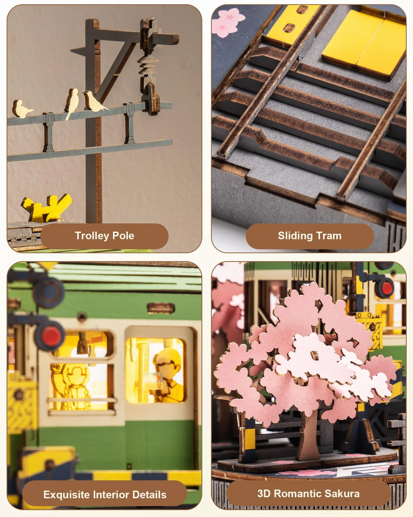 ROBOTIME Puzzle 3D Madera Tranvía Sakura con Luces LED, Maquetas para Construir Adultos, Manualidades Decoración del Hogar, Regalo para Adultos, Mujeres y Niñas