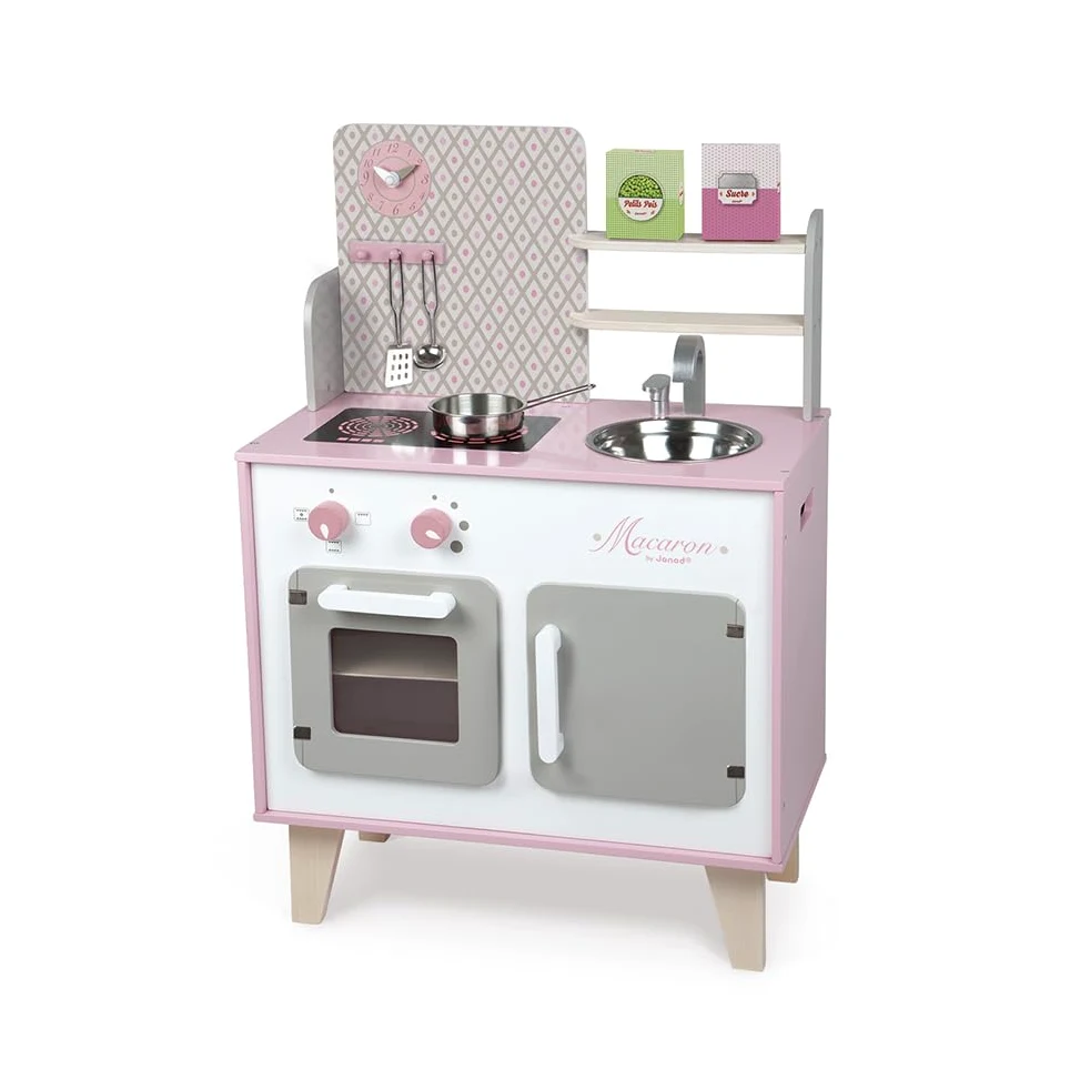 Janod - Cocina Infantil de Madera Macaron - Equipada con Nevera y Microondas - Con Sonidos - Imitación y Desarrollo - 5 Accesorios Incluidos - Desde 3 años, J06567, Rosa y Blanco