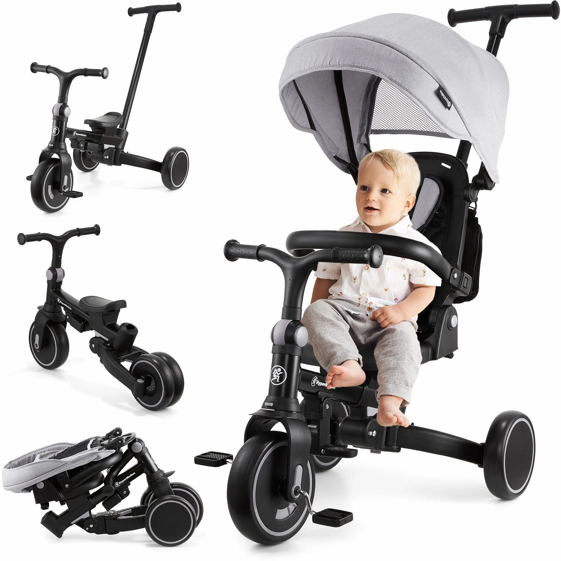 HyperMotion Triciclo Evolutivo 8 en 1 con Asiento Giratorio 360° – Triciclo Bebe Reclinable y Plegable con Capota, Arnés y Barra de Empuje – Trike Infantil para Niños de 1 a 5 Años