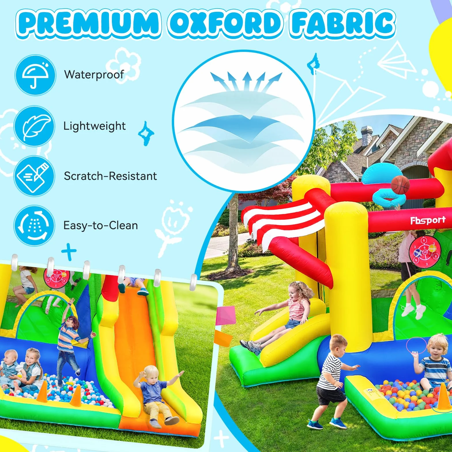 FBSPORT Castillo Hinchable para Niños con Doble Tobogán, Trampolín, Piscina de Bolas, Lanzamiento de Bolas, Muro de Escalada y Canasta de Baloncesto, para Jardín Interior Exterior, 322×305×208 cm
