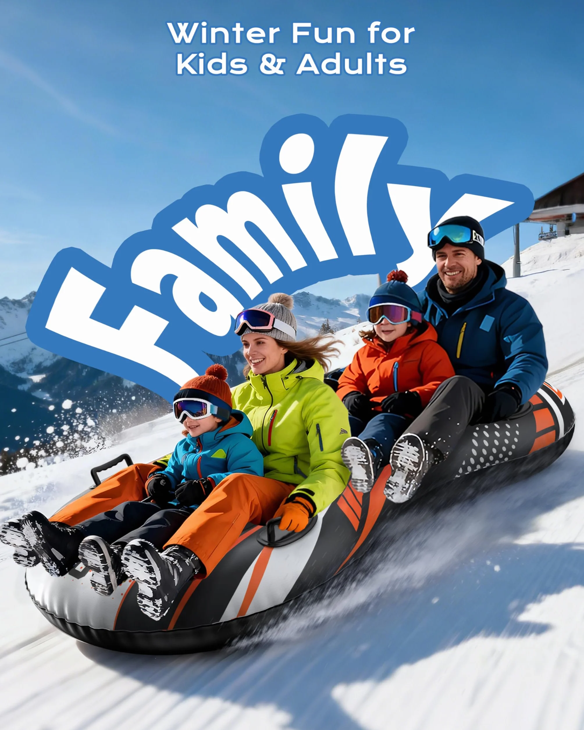 Trineo de nieve inflable 2 asientos con correa remolcable, cubierta resistente, anticongelante