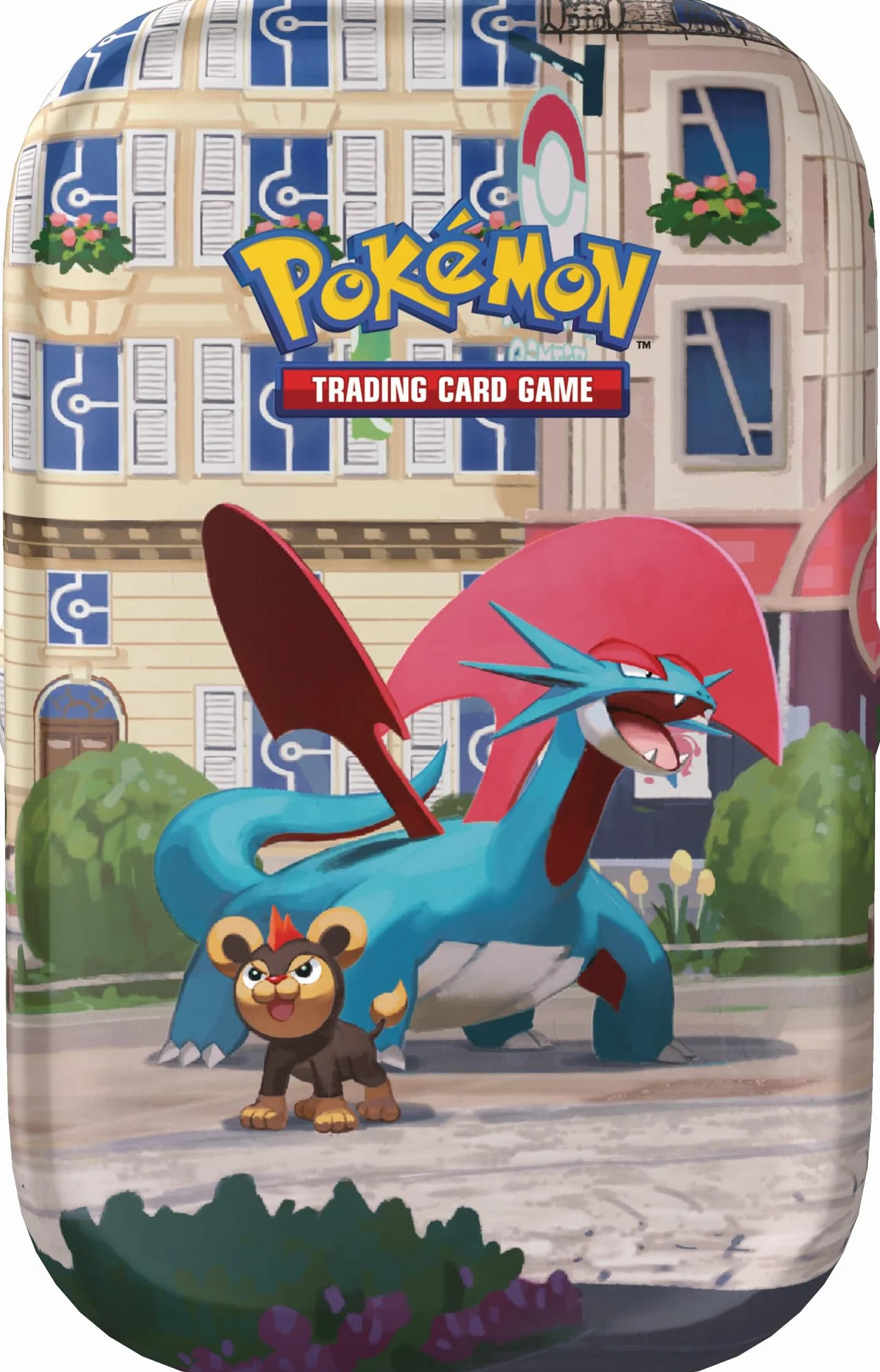 Pokémon JCC Minilata Ciudad Luminalia: Salamence y Litleo - 2 Sobres de Mejora, 1 Tarjeta Ilustrada, 1 Pegatina