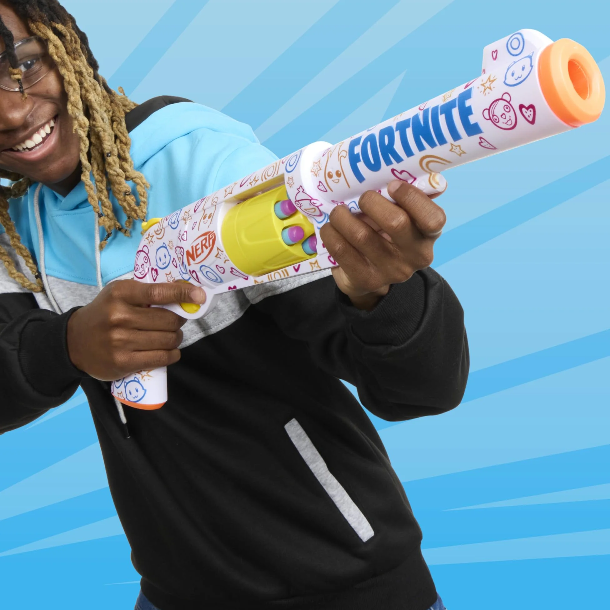Nerf Fortnite Frenz 4 Ever Blaster, código de bonificación para desbloquear Frenz 4 Ever Wrap en el Juego, 6 Dardos Elite, Tambor de 6 Dardos, Regalos de Fortnite