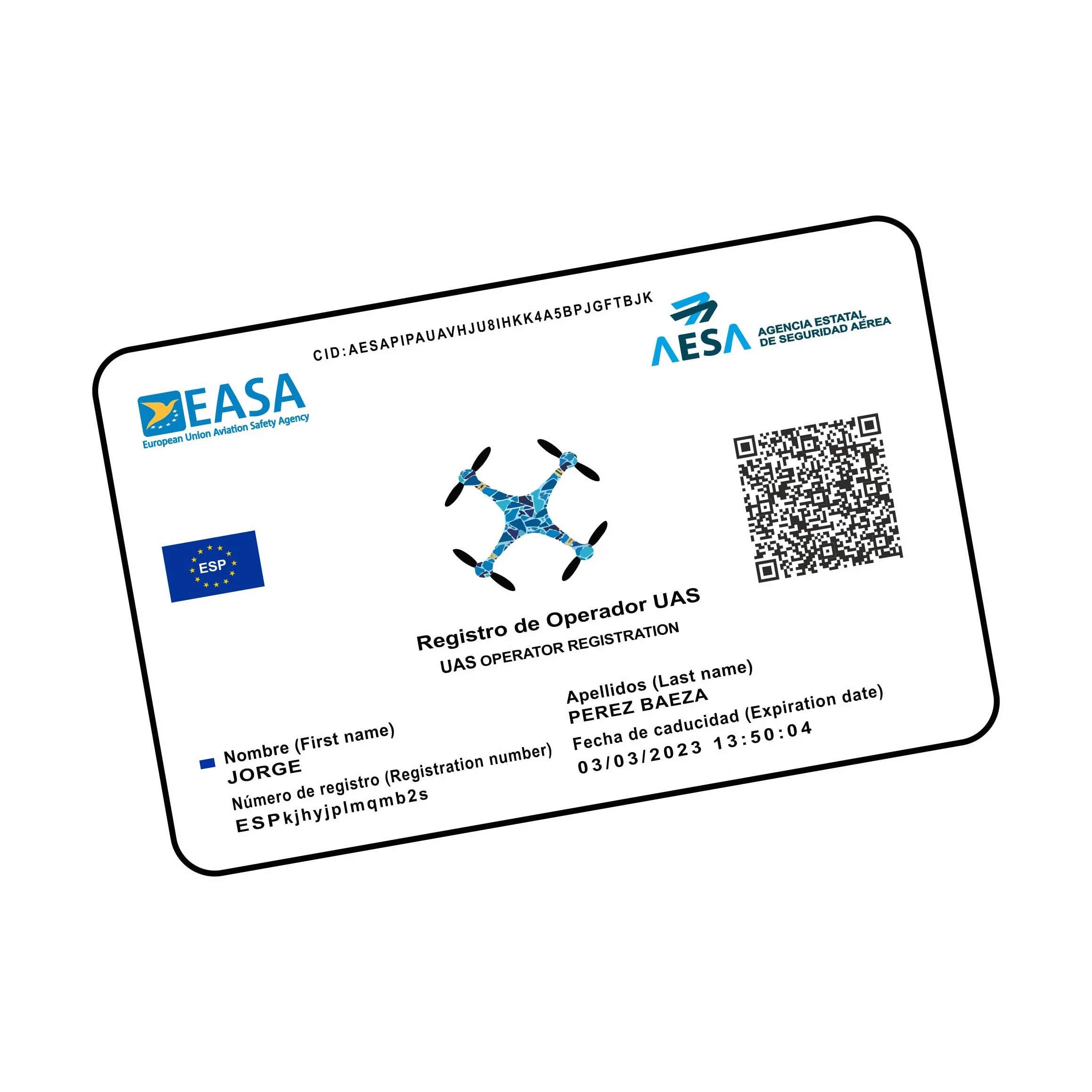 Tarjeta de PVC EASA Impresión Doble Cara Certificado de Piloto de Drones A1/A3 A2 STS