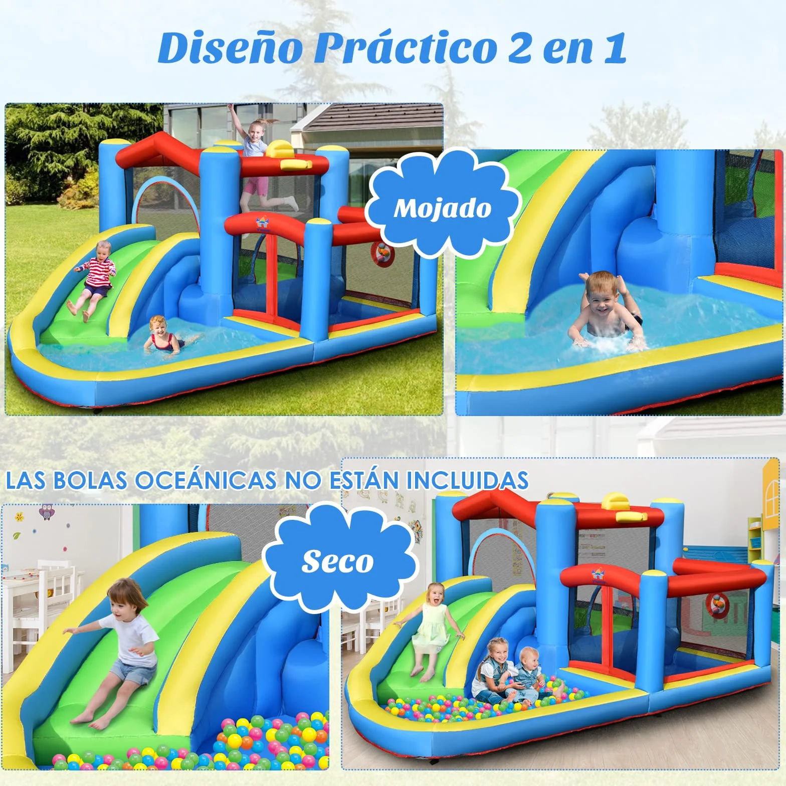 COSTWAY Tobogán Acuático Inflable, Castillo Inflable con Tobogán Mojado Seco para Interior y Exterior, Parque Acuático Portátil para Patio con Pelotas, Pelota de Baloncesto Inflable sin Compresor