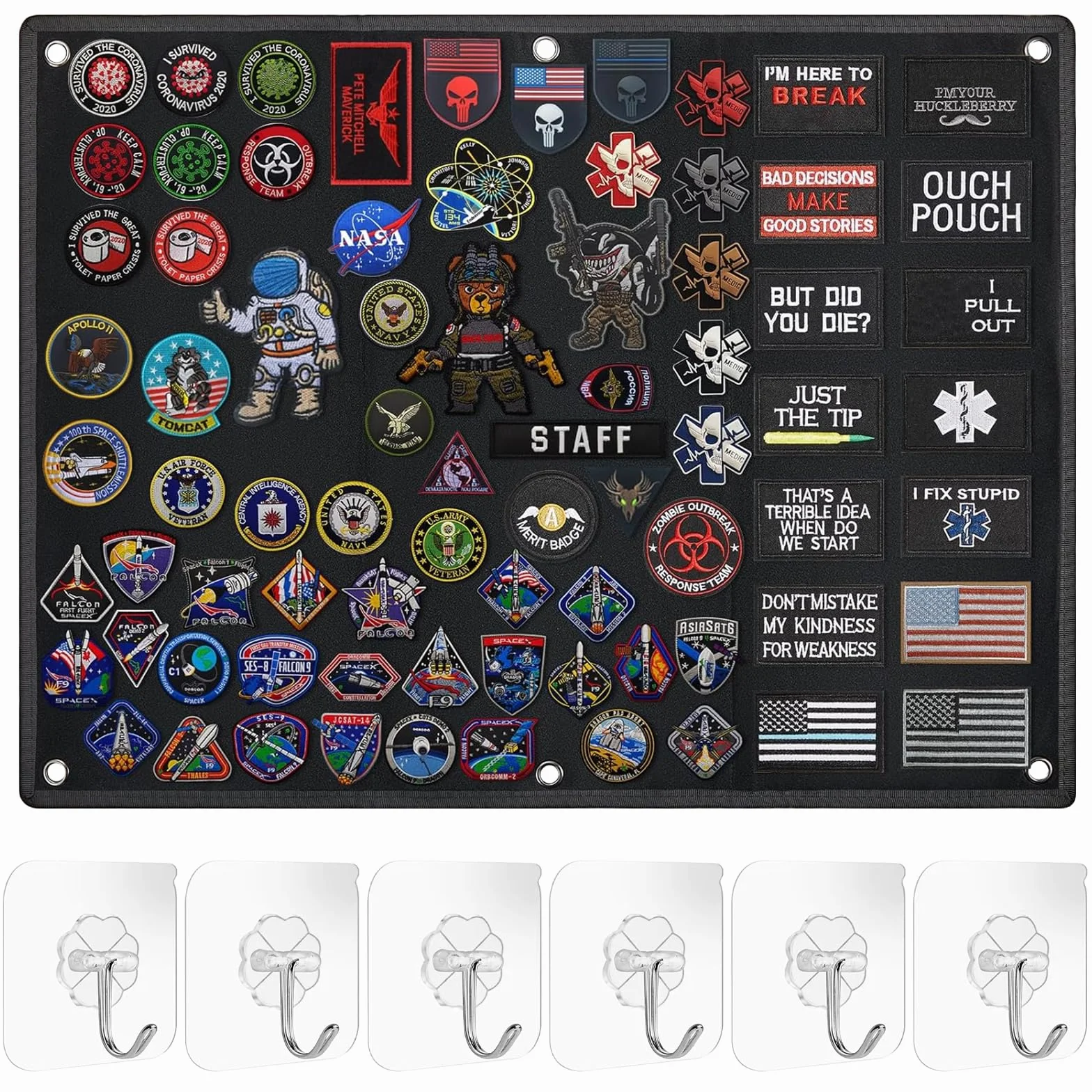 Panel Táctico para Parches 60x45 cm Negro con 6 Ganchos Plegable