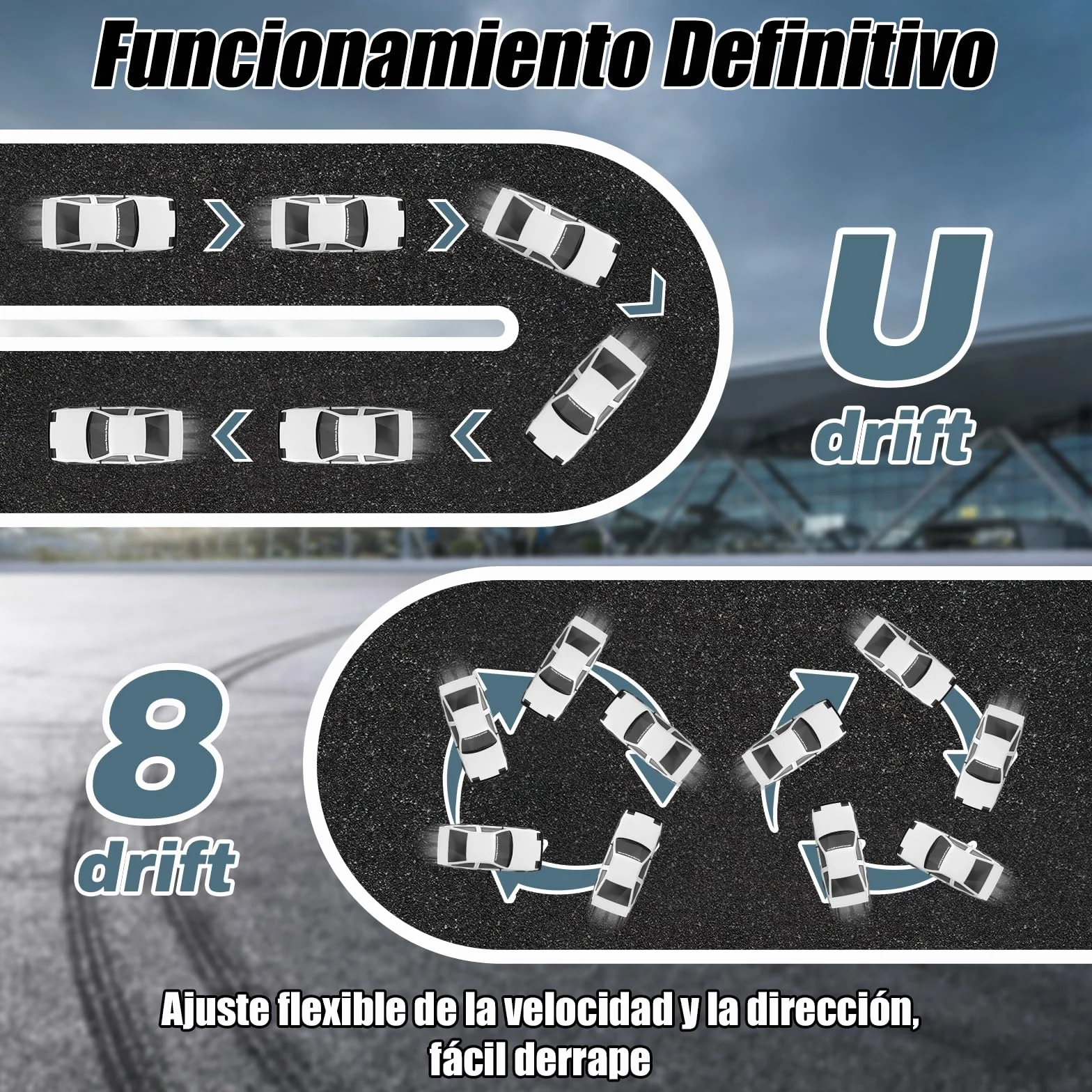 BuzzoXerex Coche Teledirigido Drift, 1:24 Drift RC Car, 18km/h 4WD Mini Car Teledirigido con Kit Barricada, Luces LED, Radiocontrol Coche de Juguete para Adultos y Niños Mayores de 6 Años (Blanco)
