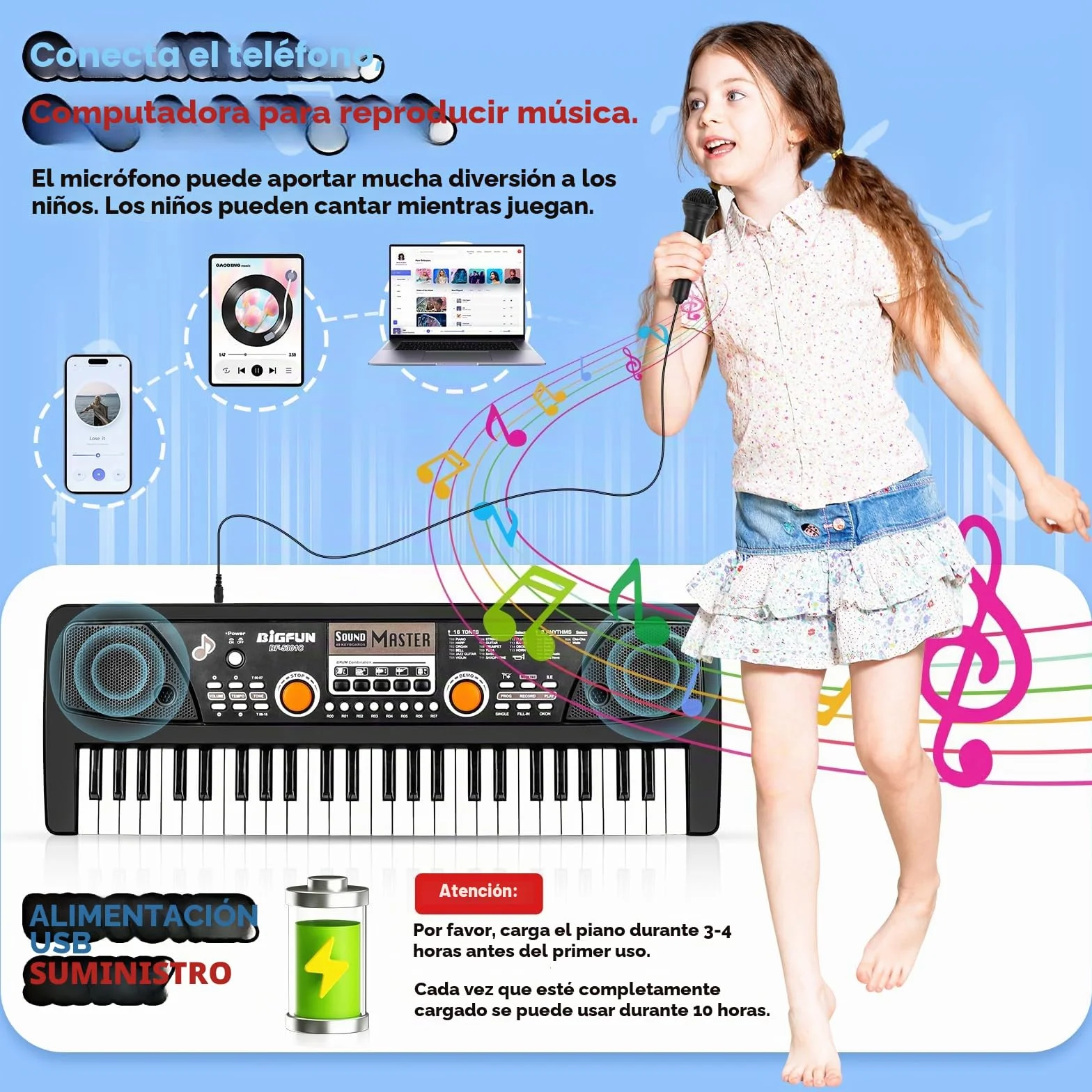 m zimoon Teclado Pianos 49 Teclas, Piano Electrónico con micrófono, Electrónico Música Teclado Piano Cumpleaños Regalos del día de Navidad Edad para Niños de 3 a 12 Años, Niñas y Niños