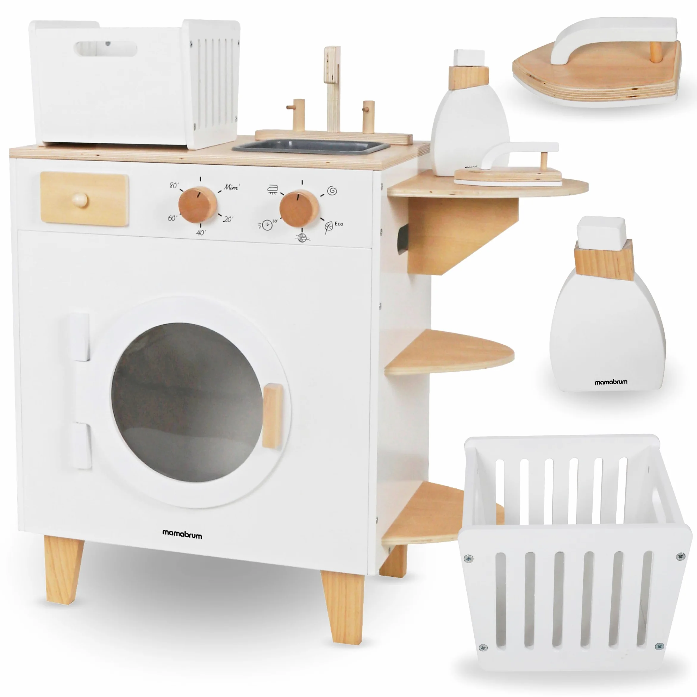 Mamabrum Lavadora Juguete Madera con Tabla Planchar, Cesto y Accesorios - Set Limpieza Juguete para Niños +3 Años - Incluye Escoba y Fregona - 65 x 29,5 x 68 cm