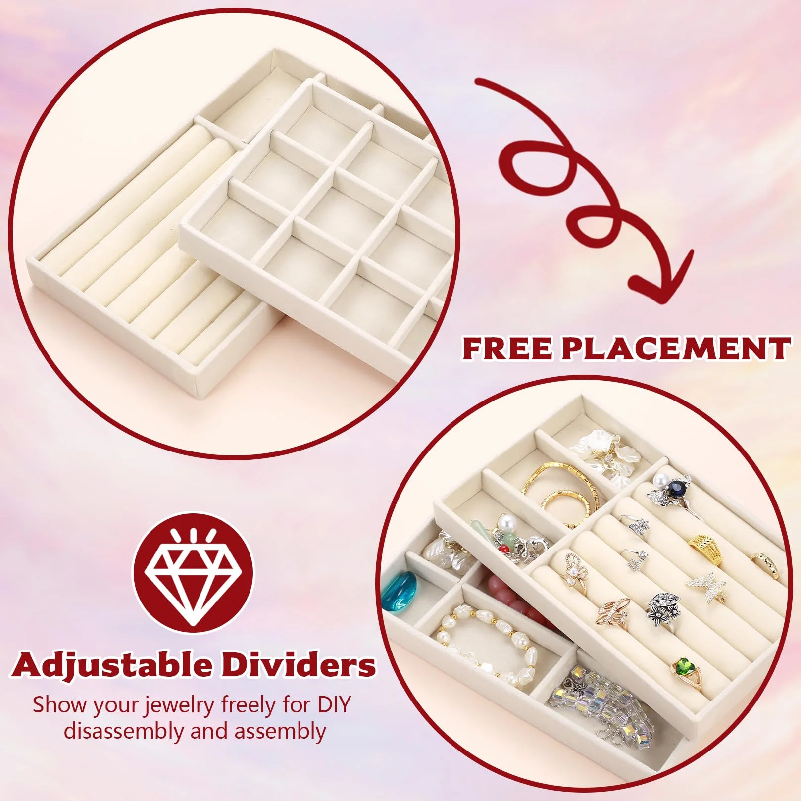 4 unidades de almacenamiento para joyas, cajón apilable, organizador de joyería, para cajones, pulseras, anillos, pendientes, tocador