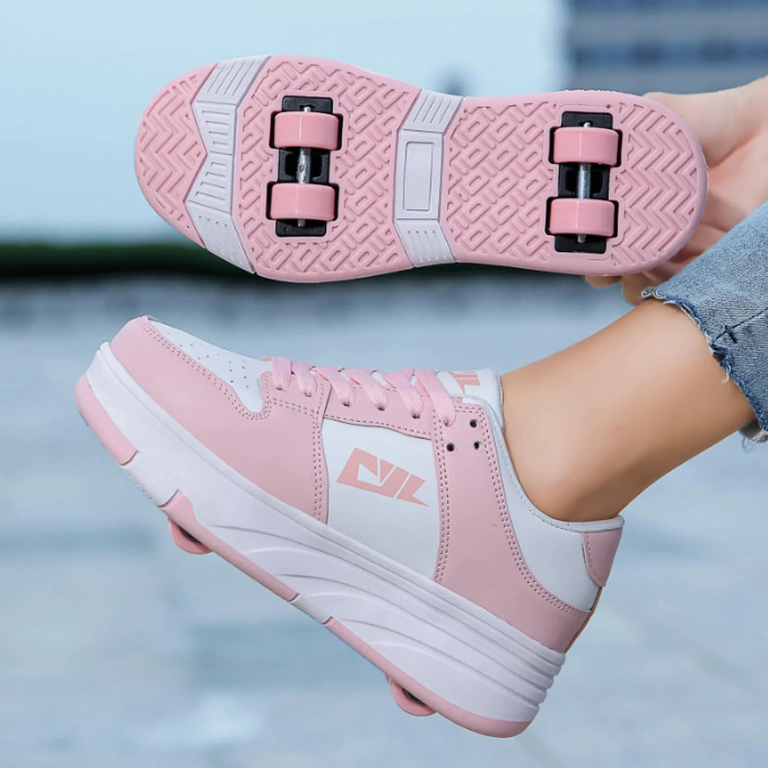 Hixingo Zapatillas con Ruedas Niña Niño, Zapatos con Ruedas Negro Rosa Patines Transpirable Calzado Skateboarding