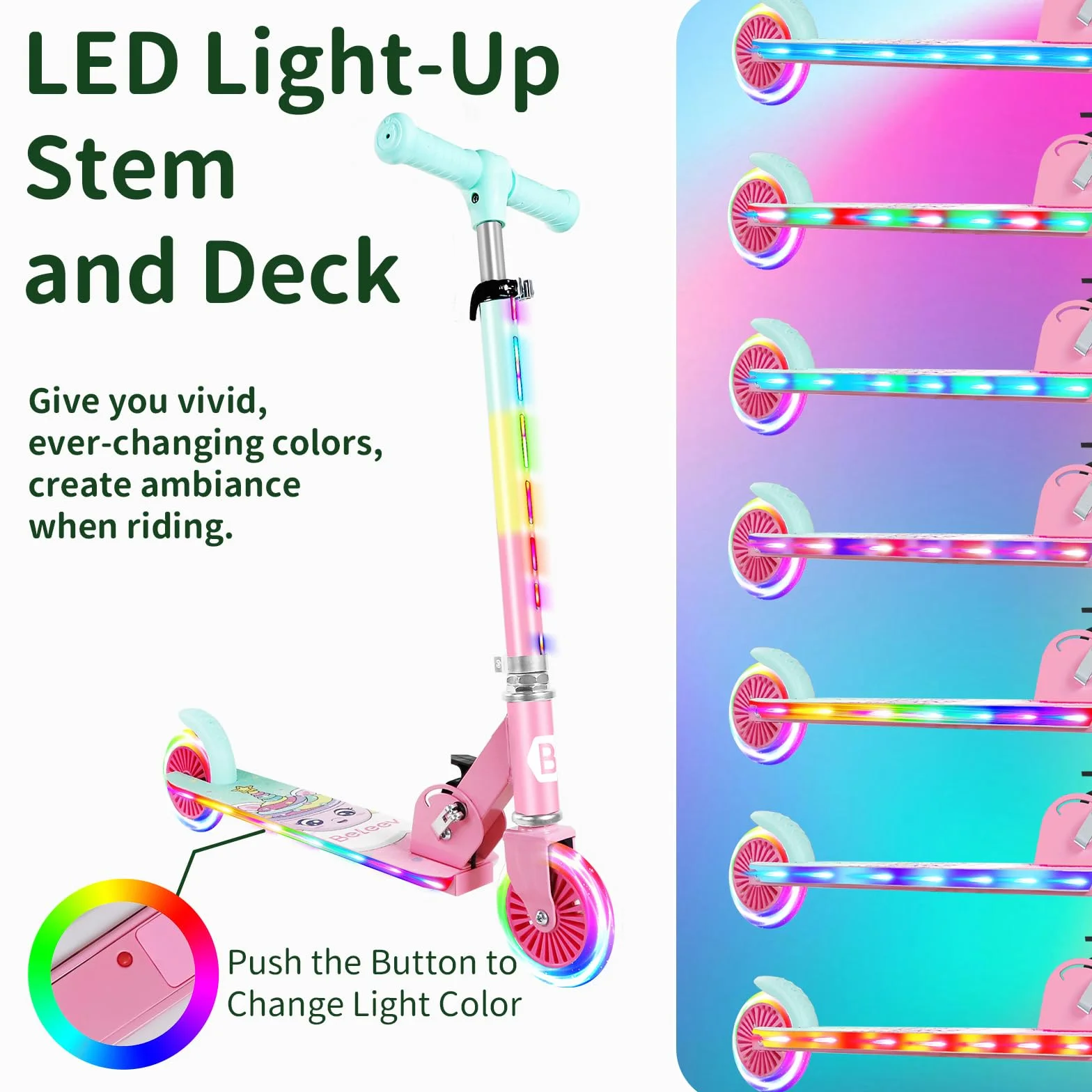 BELEEV V2 Patinete Infantil 2 Ruedas Plegable con Luces LED, 3 Alturas Ajustable para Niño Niña 3-12 Años