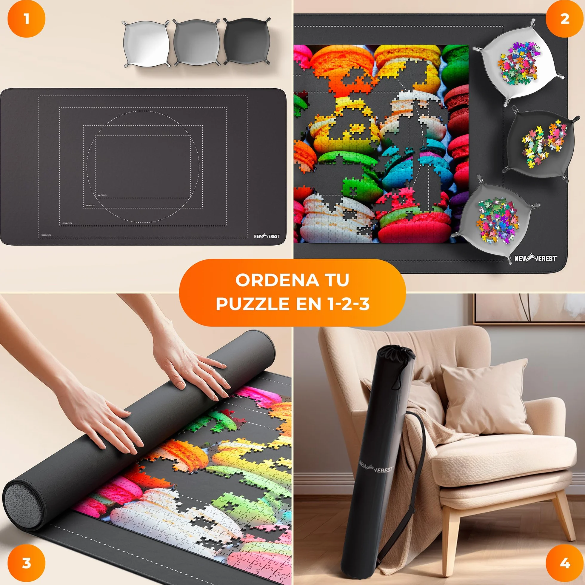 Newverest Tapete para Puzzles Enrollable Original 117 x 66 cm, Guardapuzzles Portátil hasta 1500 Piezas con Base De Goma Antideslizante, Superficie Suave, 3 Bandejas para Puzzles Y Bolsa De Viaje
