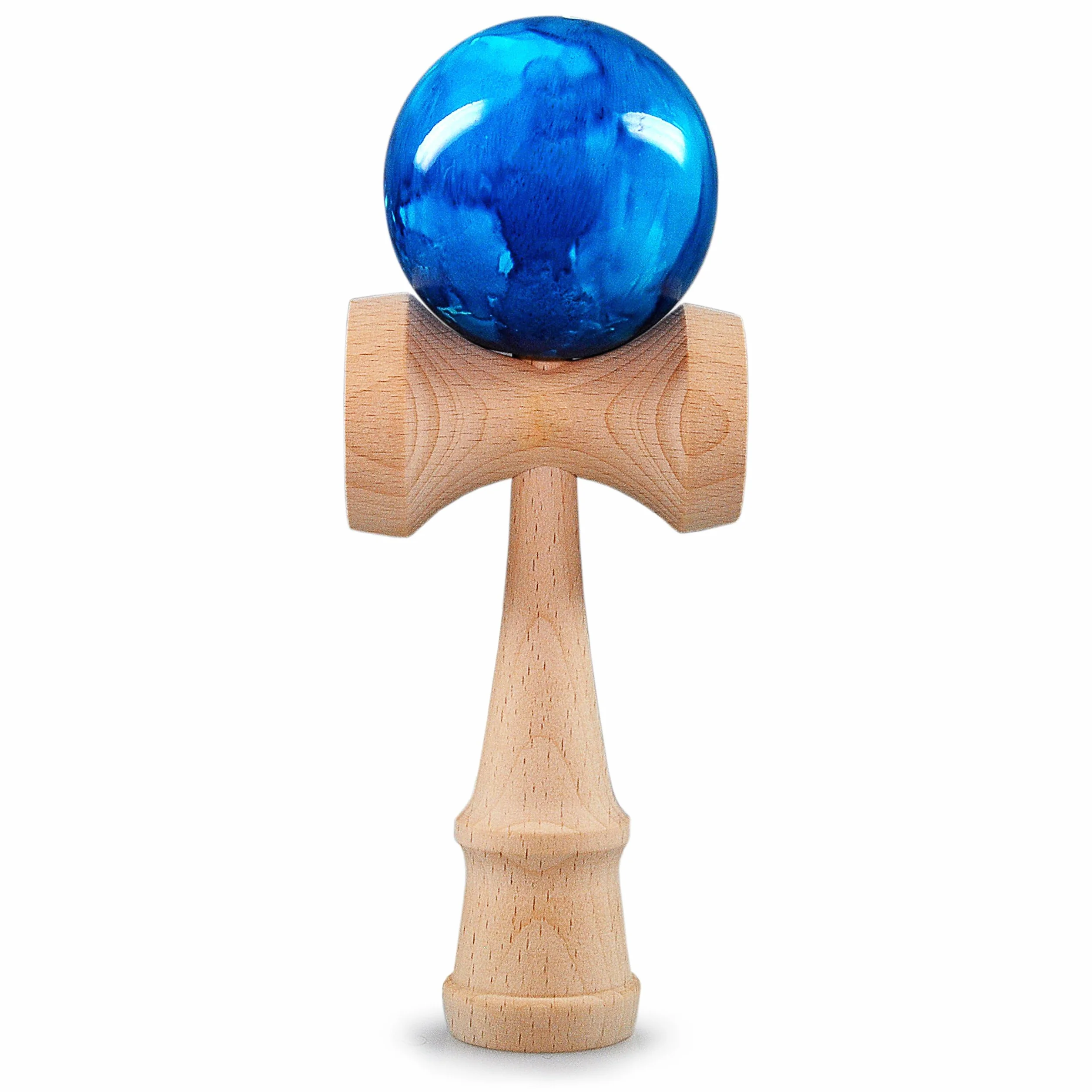 Ganzoo Kendama de Madera de Haya Blue Flash Azul, Juego japonés Tradicional de coordinación con Bola con Agujero y Cuerda de Nailon Resistente, 3 Copas de Captura en el Mango, 16 cm de Alto, 144 g