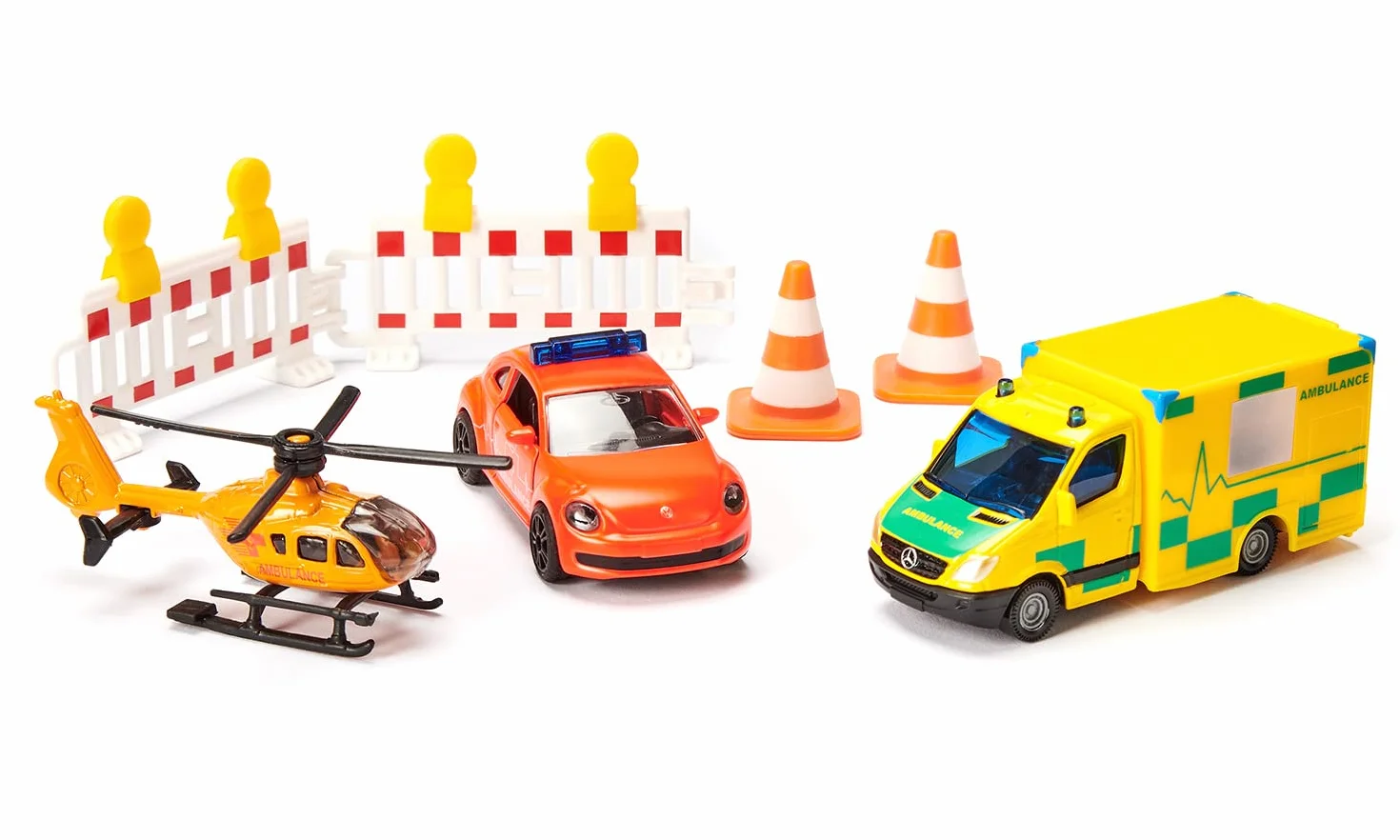 Siku 6332, Set de vehículos de Rescate, Ambulancia VW Beetle, Vehículo de Salvamento Mercedes, Helicóptero de Rescate, Set de Juguete, Plástico/Metal, Multicolor, Incluye 2 balizas y 2 Conos