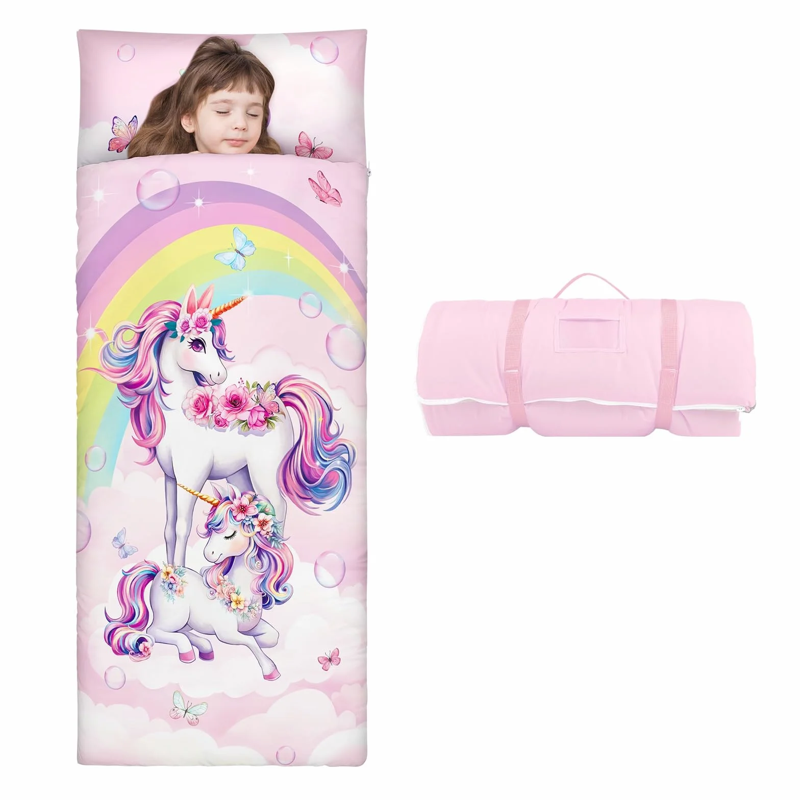 Cálida Alfombrilla de Siesta para Niños Pequeños con Almohada Extraíble, Saco de Dormir Plegable para Niñas y Niños, Bolsa de Dormir con Cremallera para Camping Siesta, 150×60cm