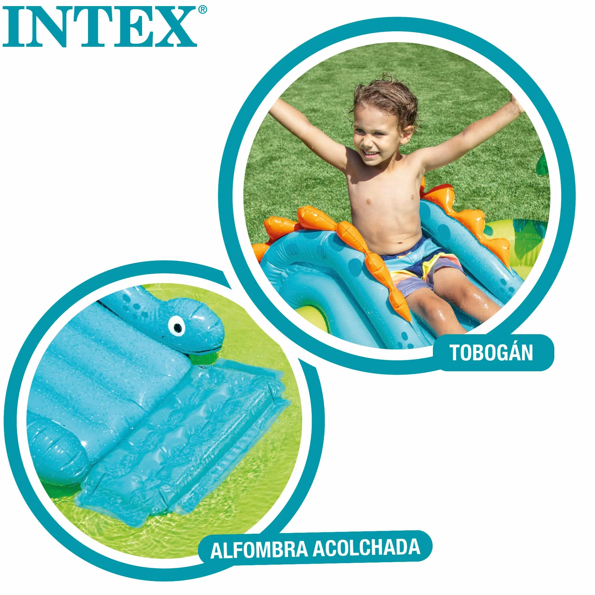 INTEX Piscina infantil hinchable con dispersor de agua y tobogán dinosaurio