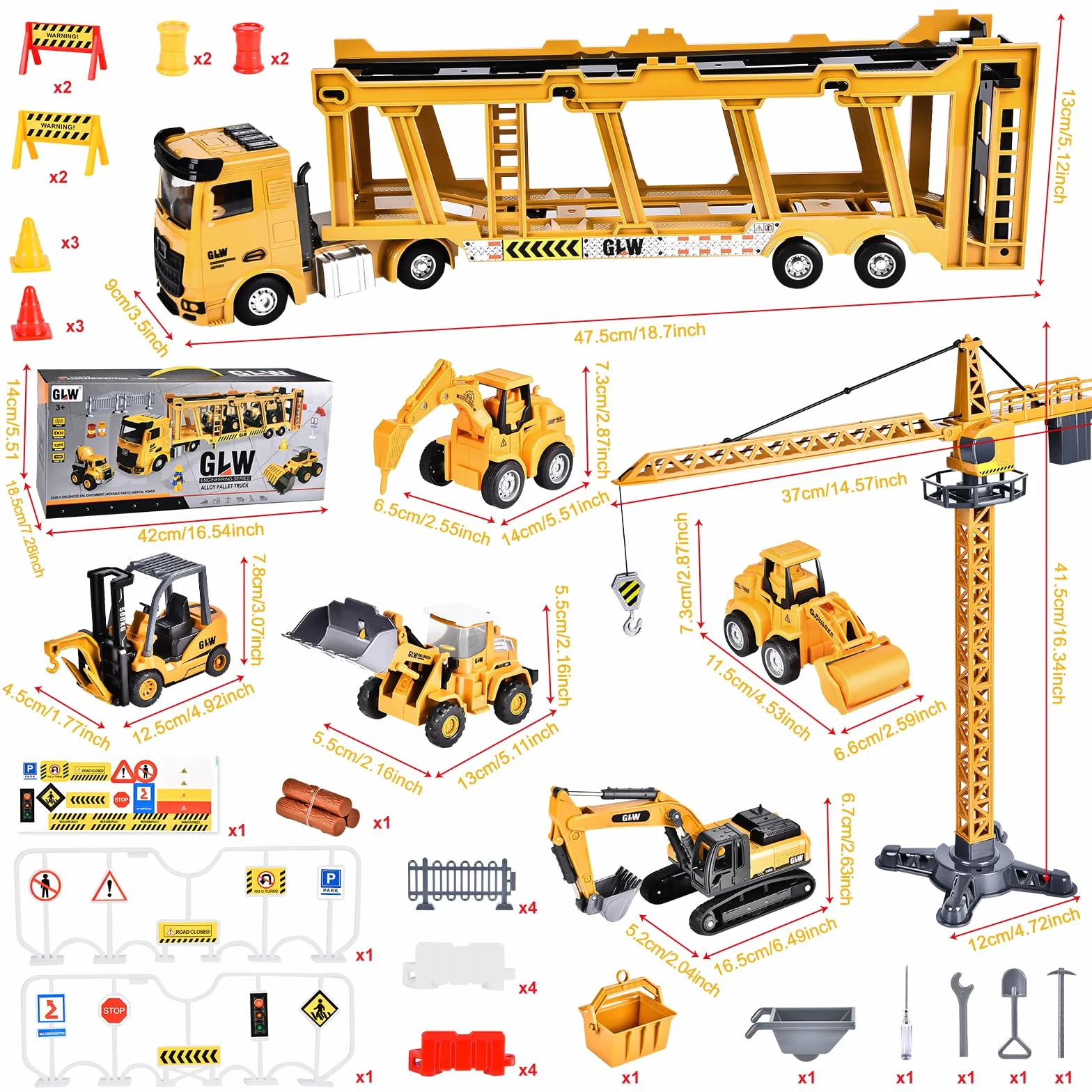 Herefun Vehículos Construcción Grandes, Camión y Grúa Con Sonido, Juguete Transportador Para Niños 3,4+