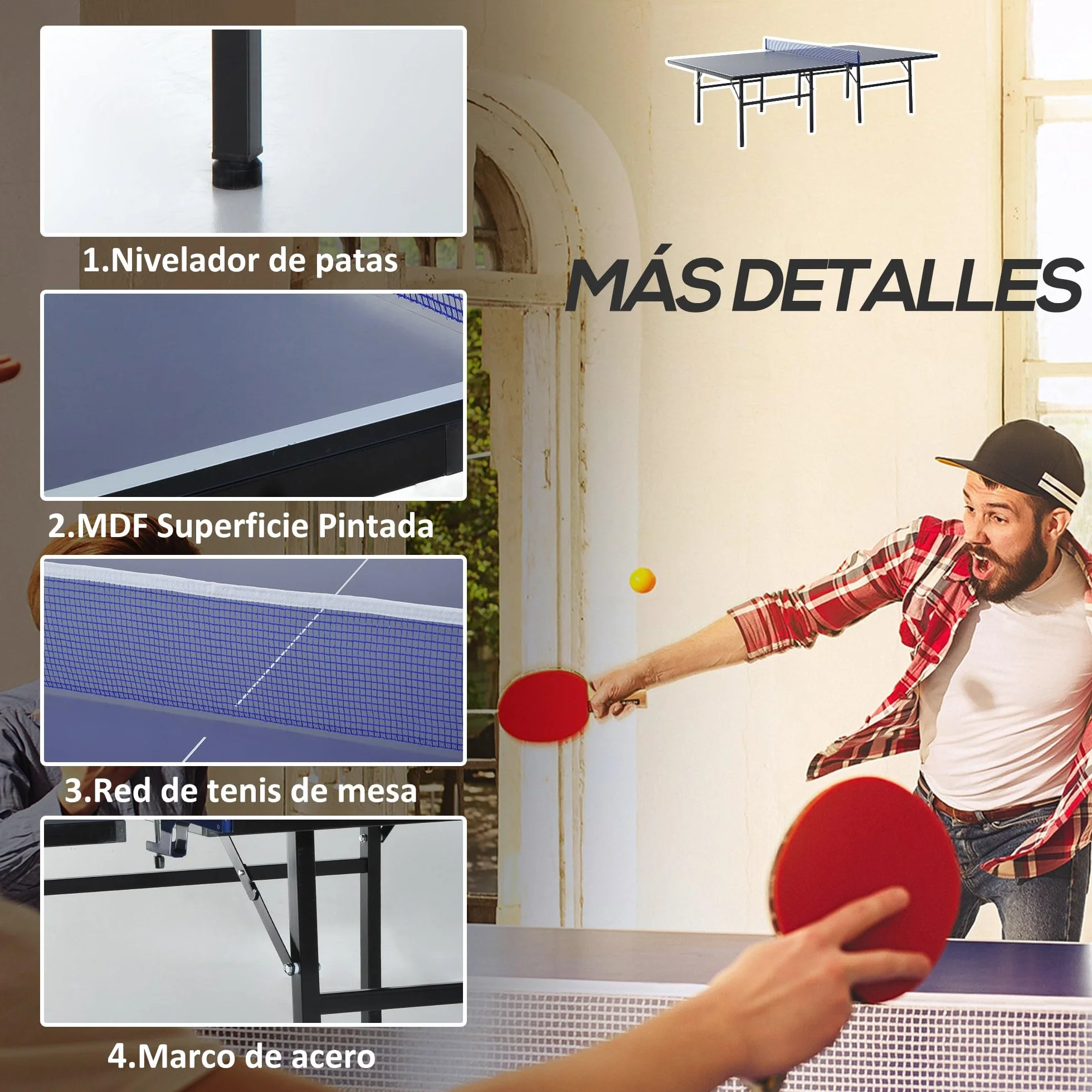 Homcom Mesa de Ping Pong Plegable 152.5x274x76cm Tenis de Mesa Acero MDF Azul