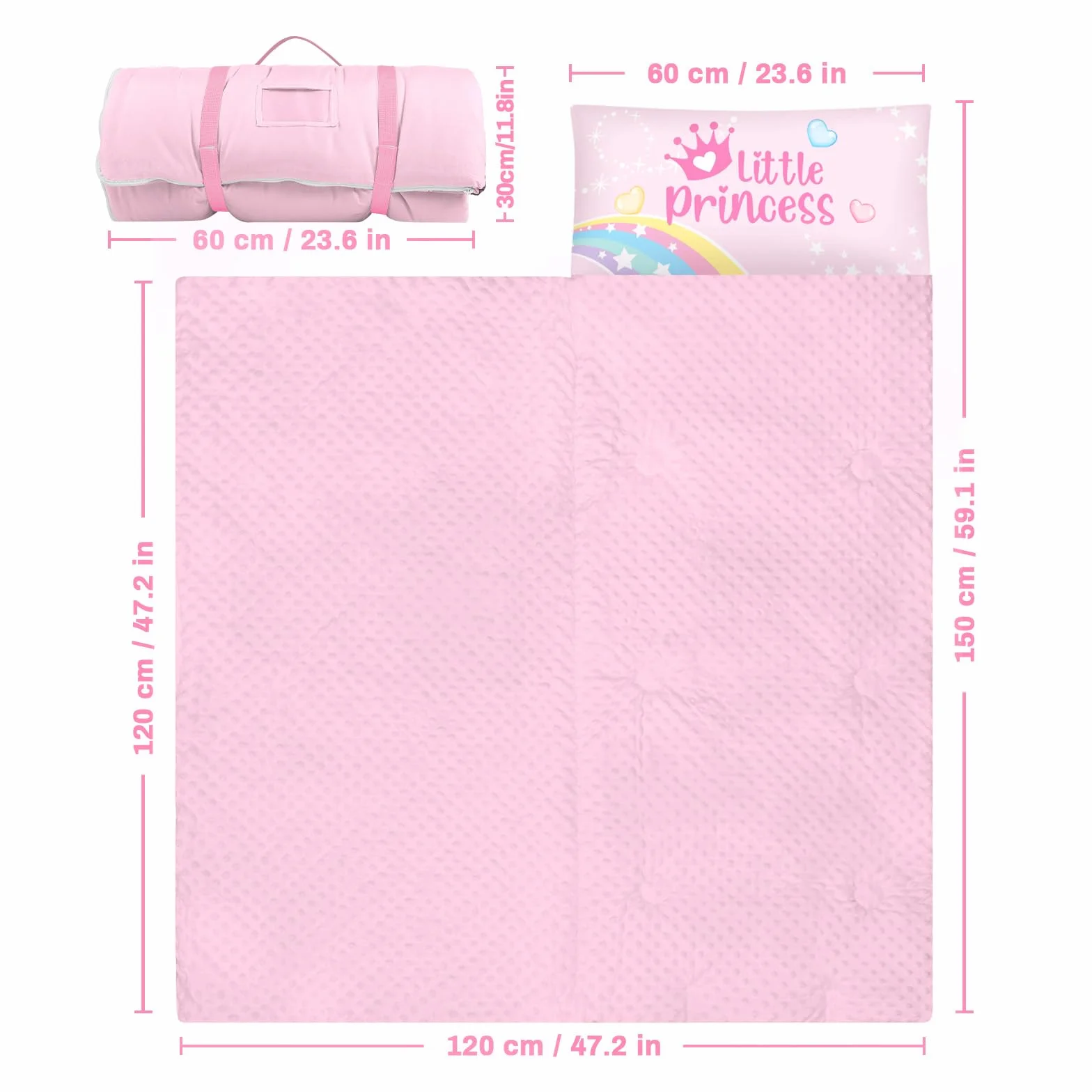 Saco de Dormir para Niños con Almohada, Tapete de Siesta para Niños y Niñas, Cálido Saco de Dormir de 150 x 60 cm, Tapete de Dormir Enrollable con Doble Cremallera