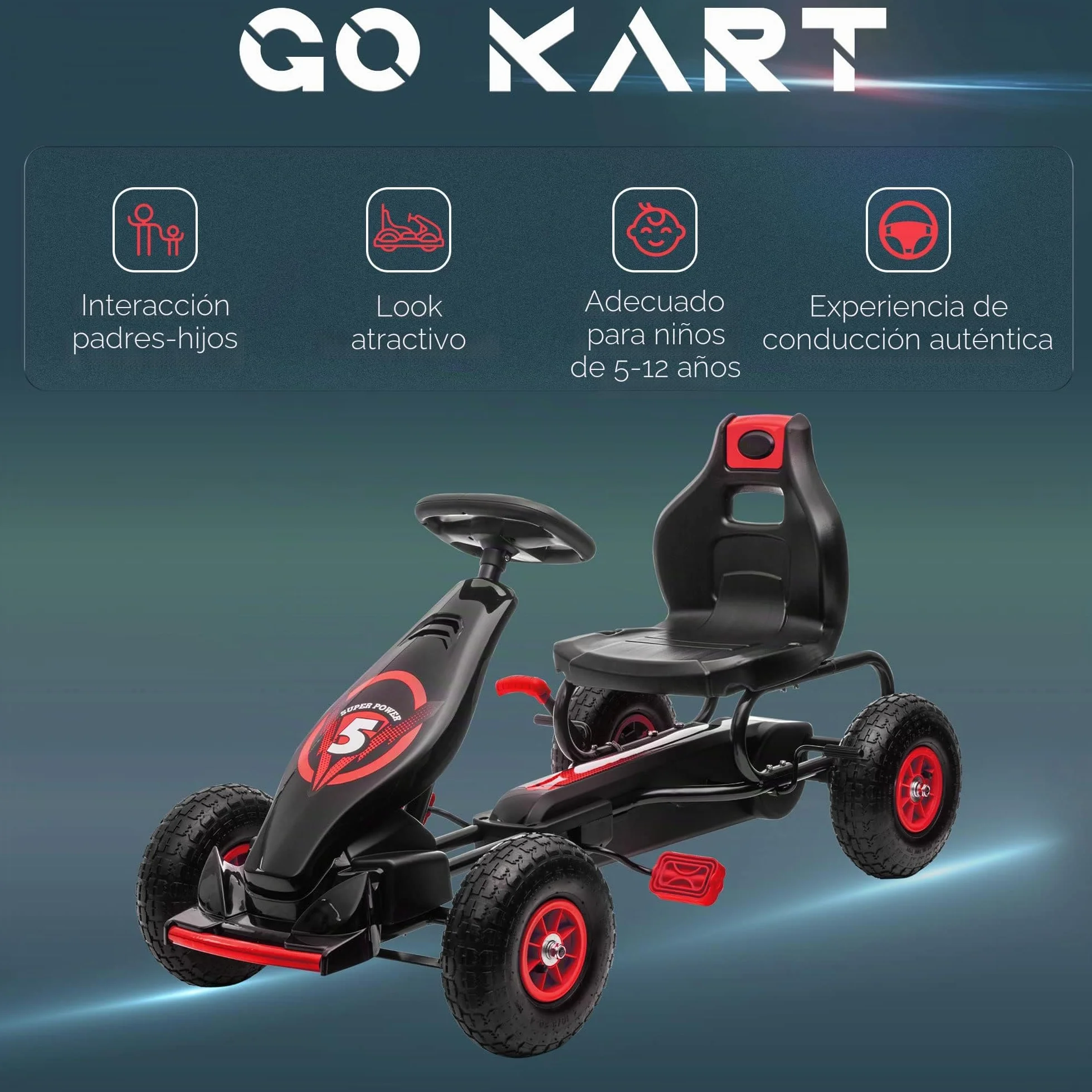 HOMCOM Go Kart a Pedali per Bambini 5-12 Anni con Sedile Regolabile, 50 kg Portata, Veicolo a Pedali per Bambini con Marcia, Avanti, Retromarcia, Freno a Mano e Ruote in EVA Antiscivolo, Rosso