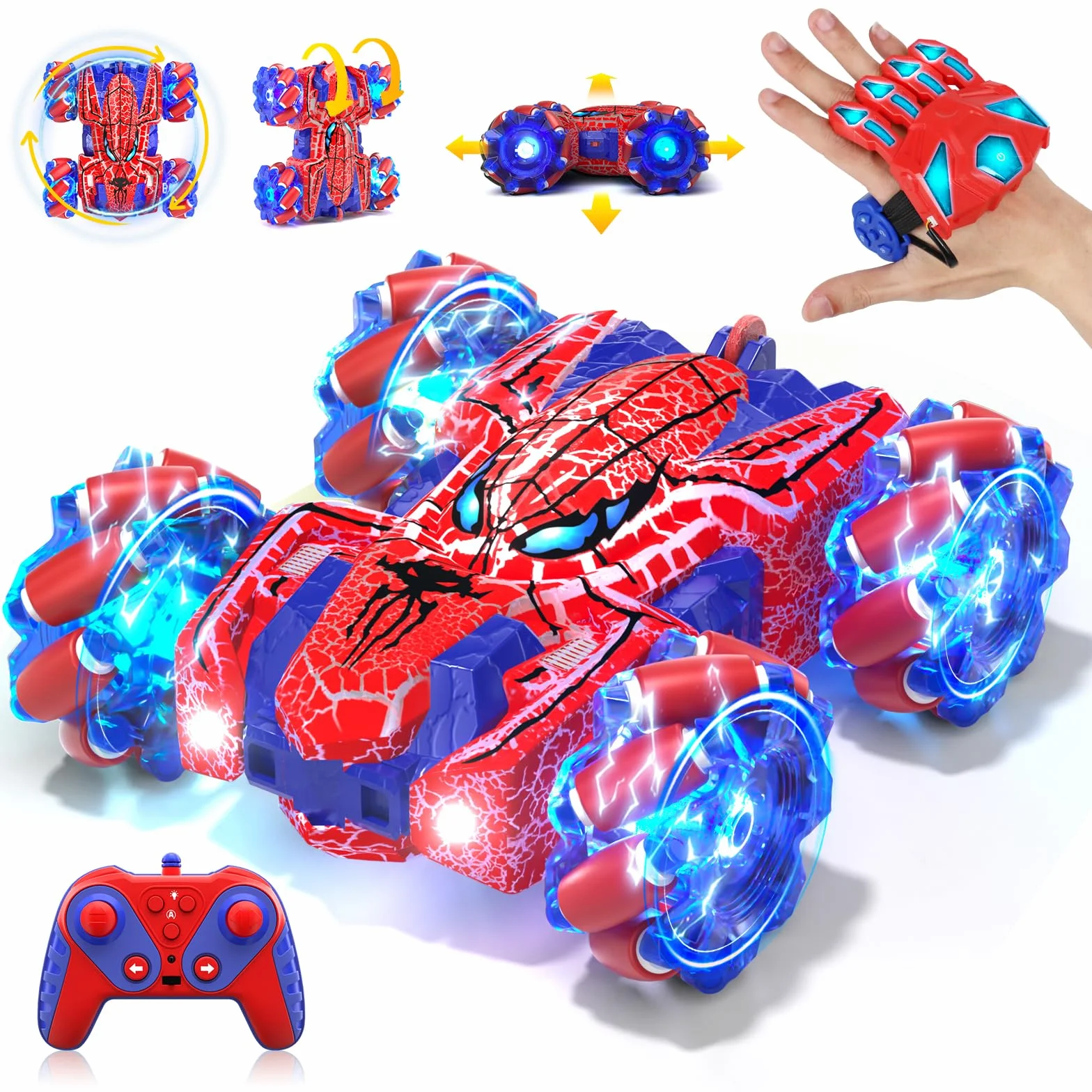 Spider Coche Teledirigido con Reconocimiento de Gestos a Partir de 4 5 6 7 8 9 10 11 12 años, Coches RC Doble Cara con Iluminación Completa, 2,4 GHz Coche Stunt RC Recargable con Mando a (Rojo)