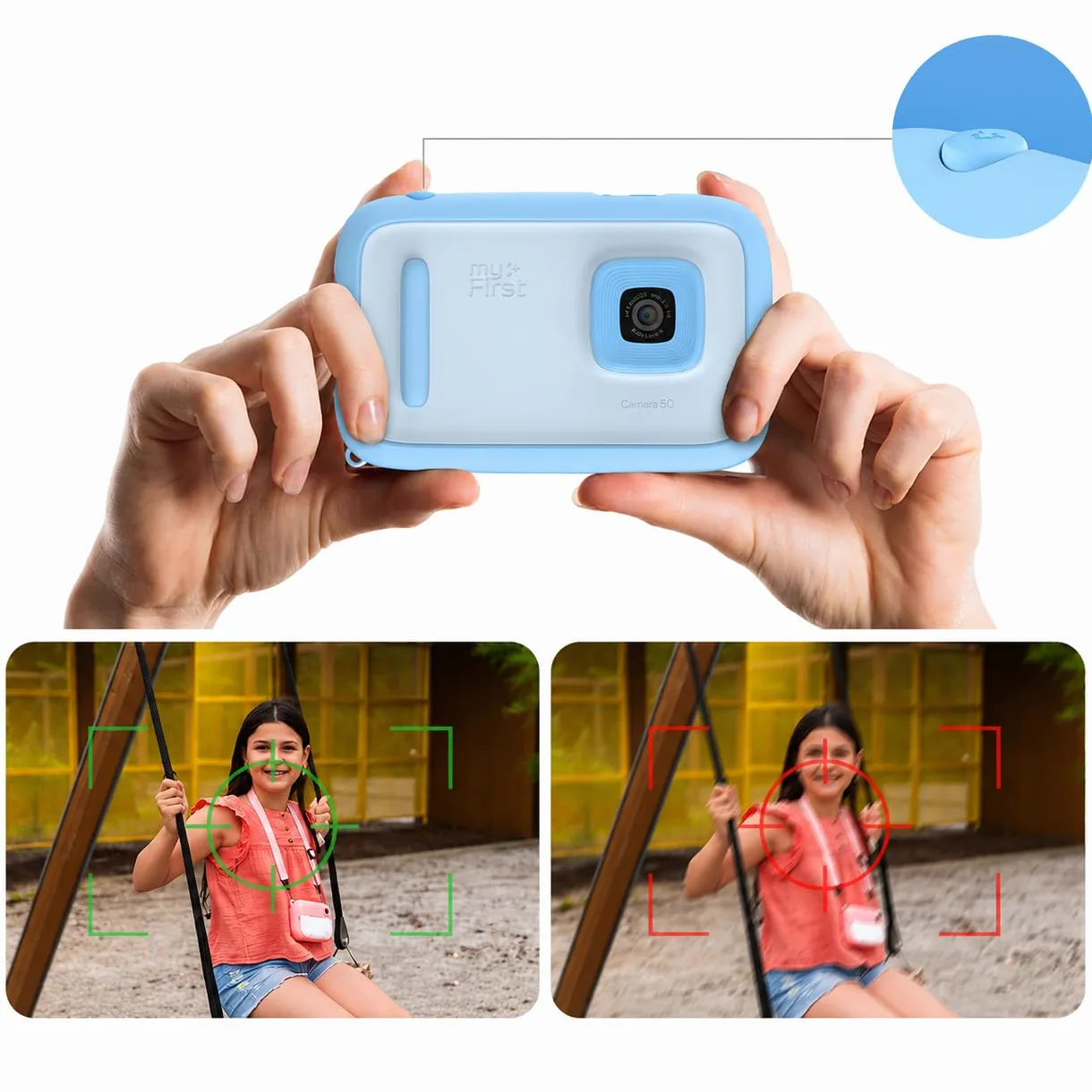 myFirst Cámara 50 - Cámara editora de IA para niños, Fotos de 20 MP, Video 1080P, Lente Frontal y Selfie. Conexión WiFi, Bluetooth, Escucha música. A Partir de 5 años. Conexión con myFirst Circle.