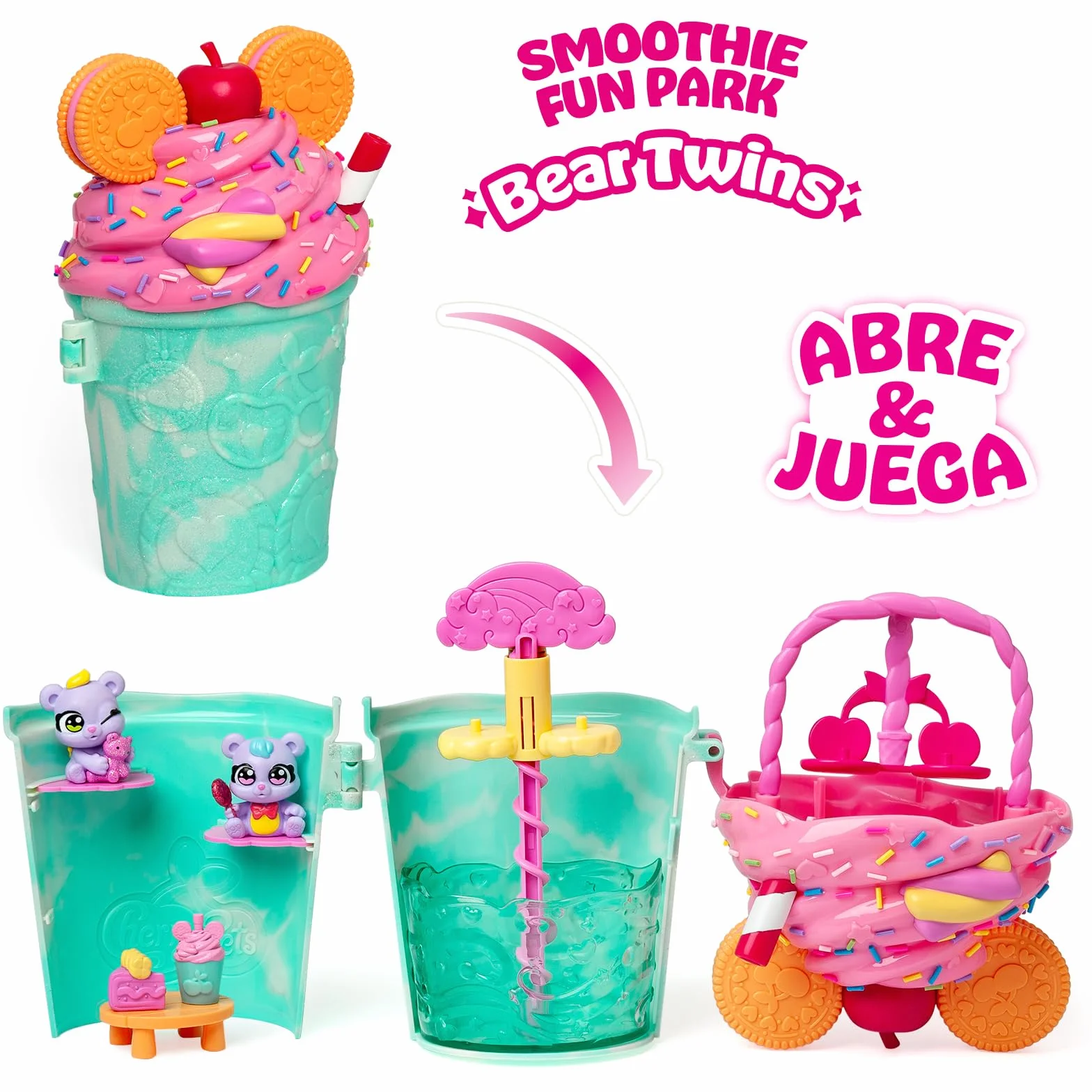 Smoothie Fun Park Bear Twins. Casita con Parque de Atracciones en Forma de Smoothie: Incluye 1 Smoothie, 2 Figuras exclusivas “Color Reveal” y 3 Accesorios